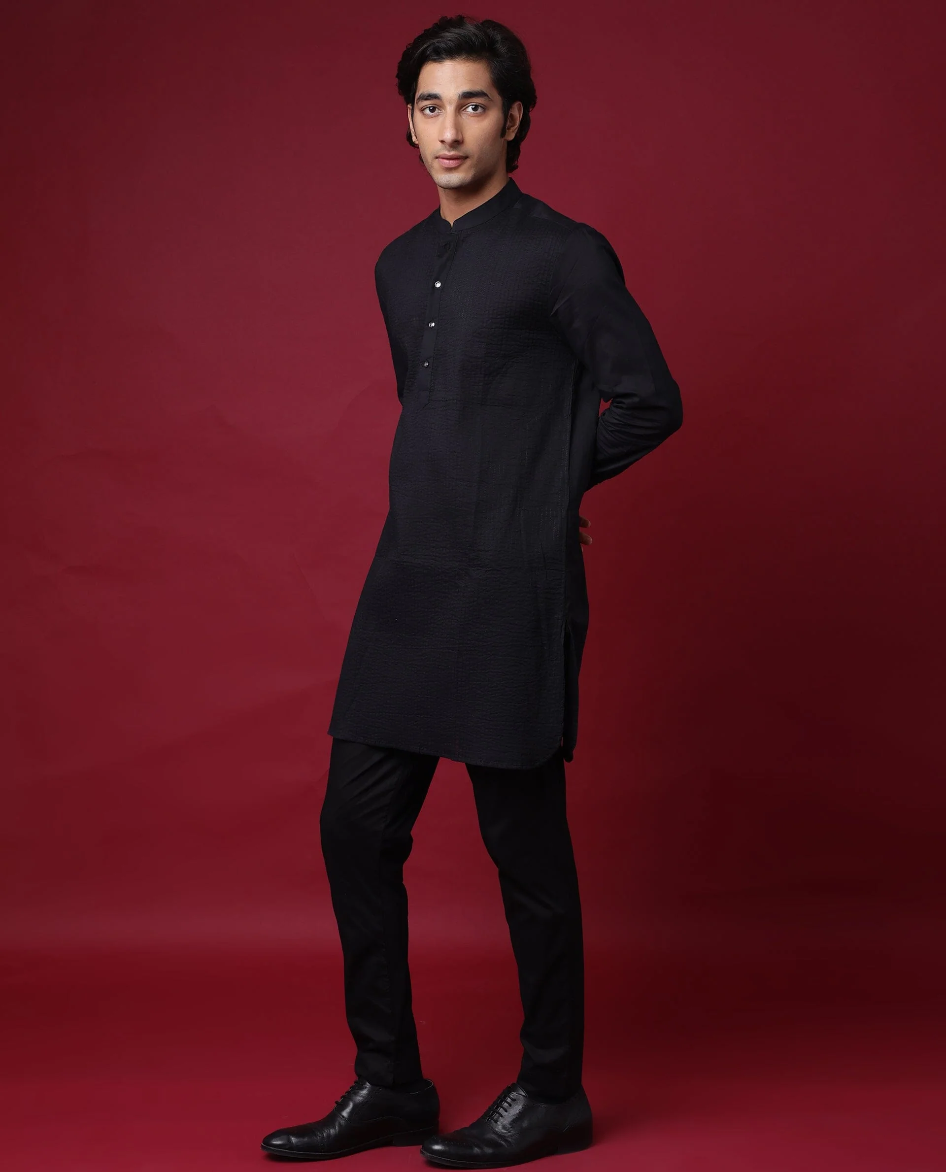 Rare Rabbit Men's Pintuck-1 Black Plain Regular Fit Full Sleeve Mandarin Collar Kurta - Image 5