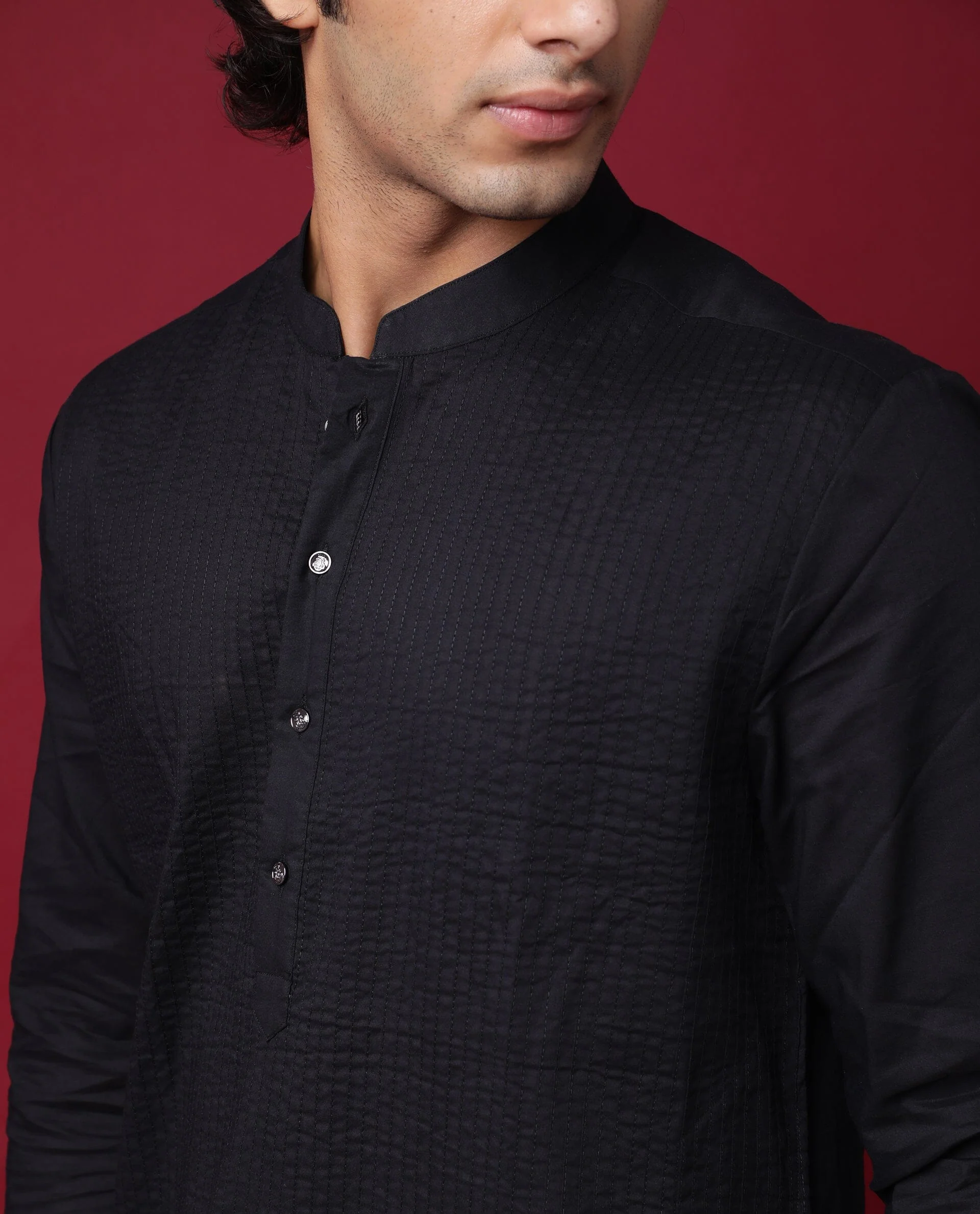 Rare Rabbit Men's Pintuck-1 Black Plain Regular Fit Full Sleeve Mandarin Collar Kurta - Image 6