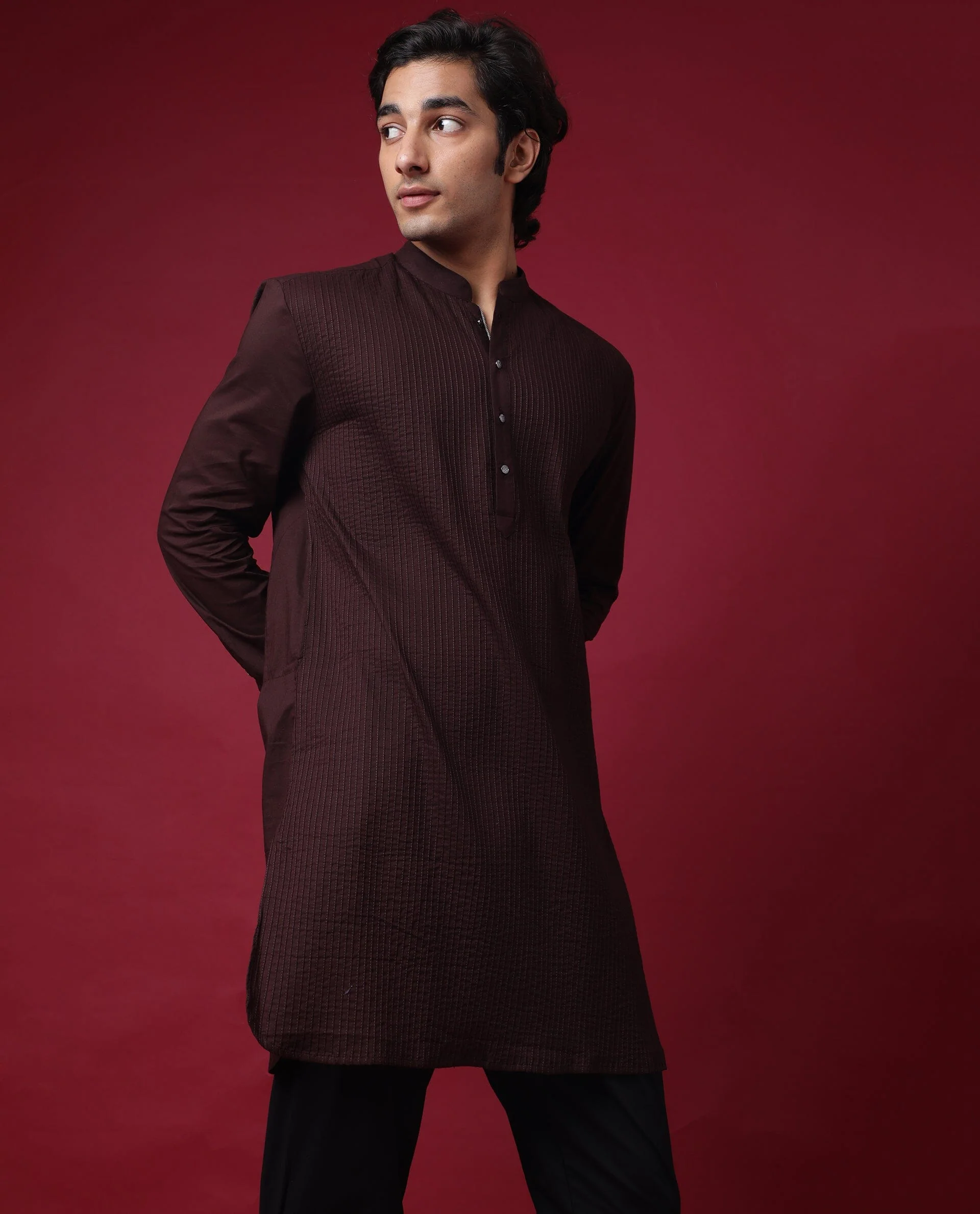 Rare Rabbit Men's Pintuck-1 Maroon Plain Regular Fit Full Sleeve Mandarin Collar Kurta