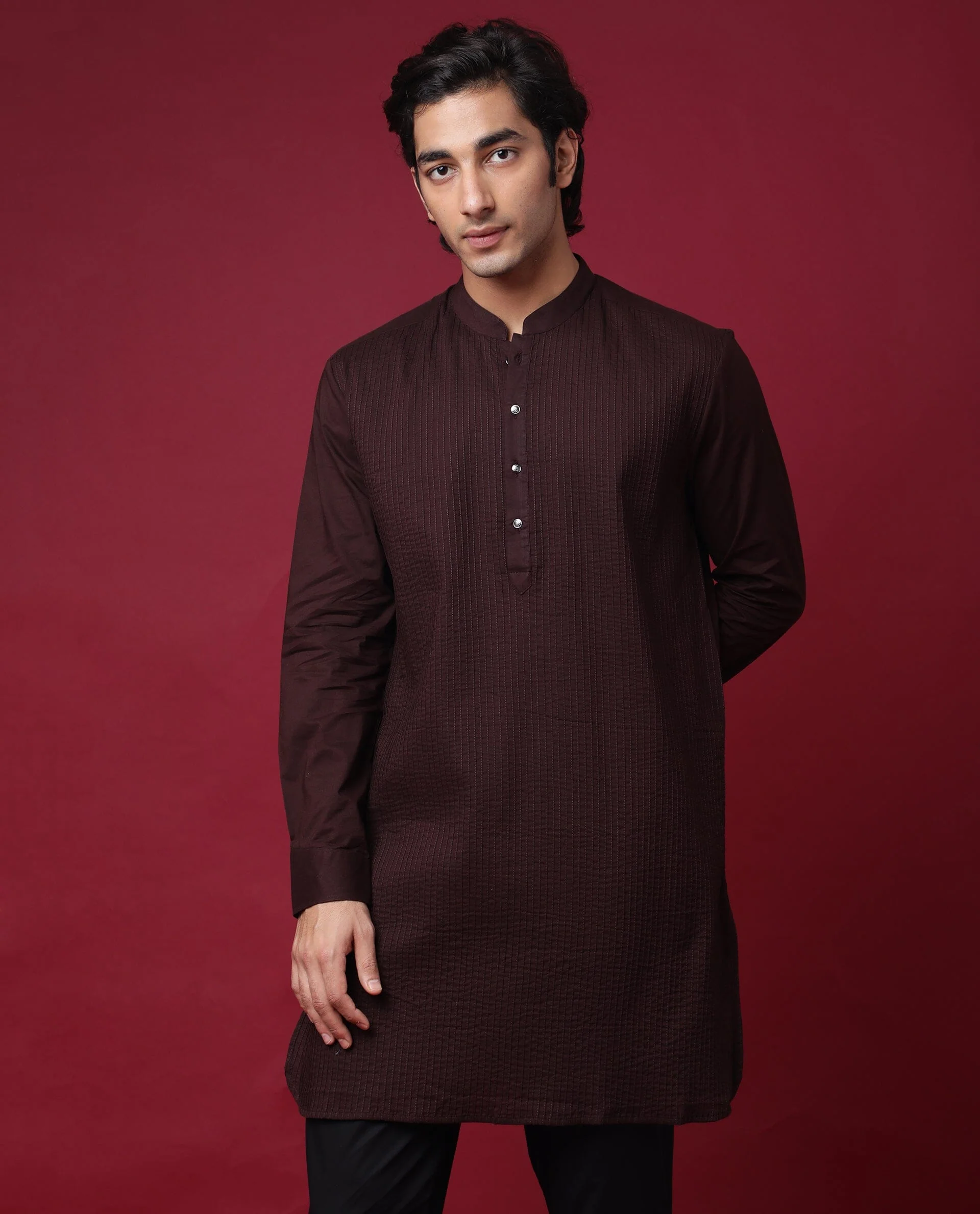 Rare Rabbit Men's Pintuck-1 Maroon Plain Regular Fit Full Sleeve Mandarin Collar Kurta - Image 2