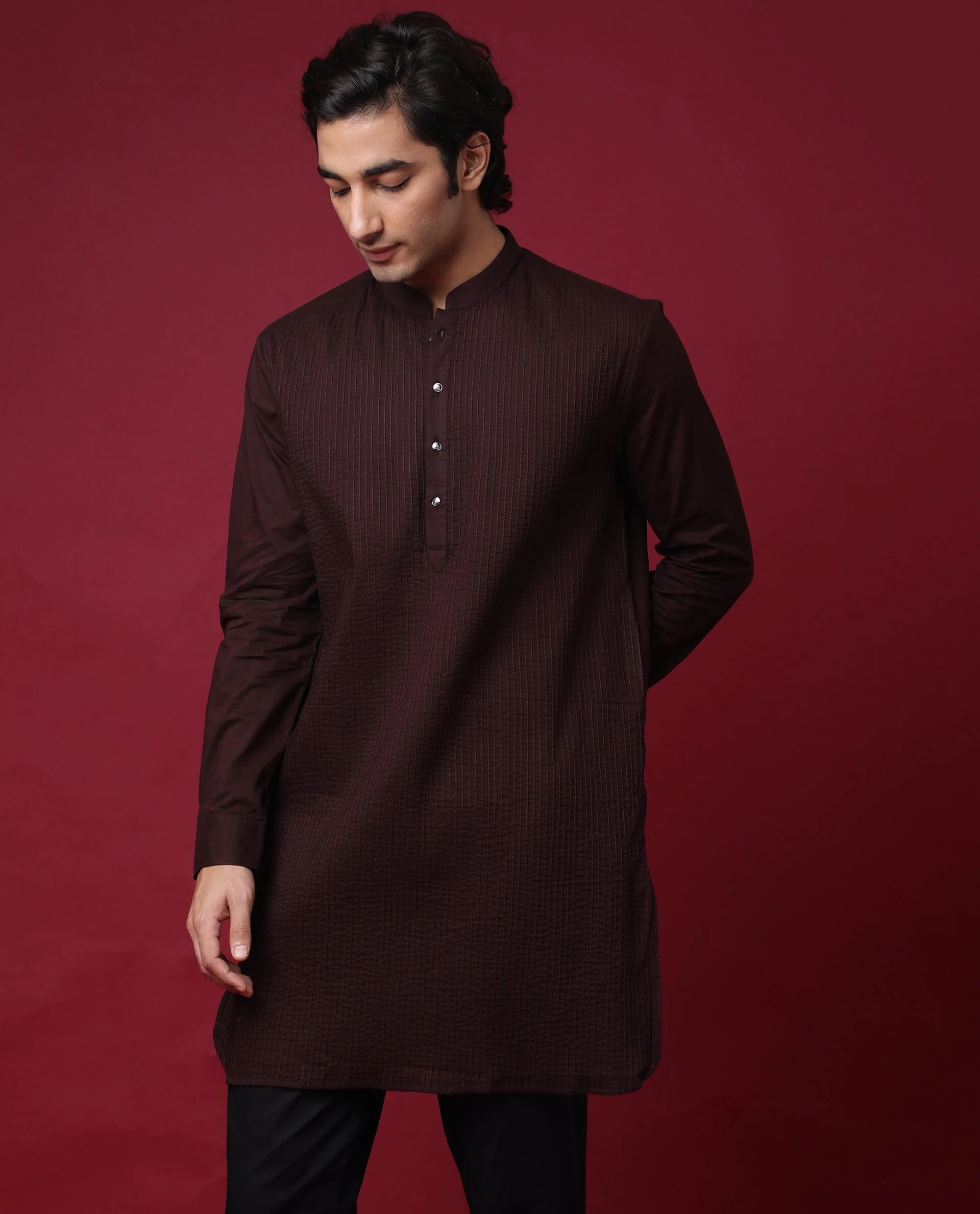 Rare Rabbit Men's Pintuck-1 Maroon Plain Regular Fit Full Sleeve Mandarin Collar Kurta - Image 3
