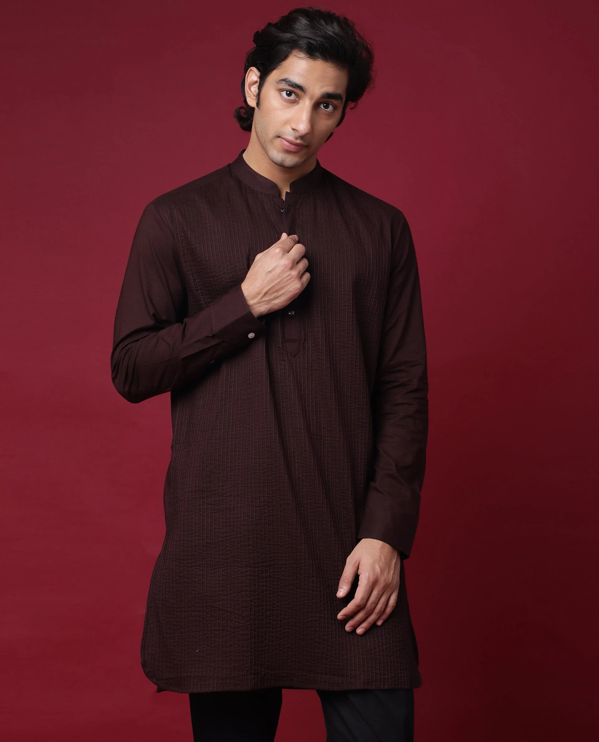Rare Rabbit Men's Pintuck-1 Maroon Plain Regular Fit Full Sleeve Mandarin Collar Kurta - Image 4