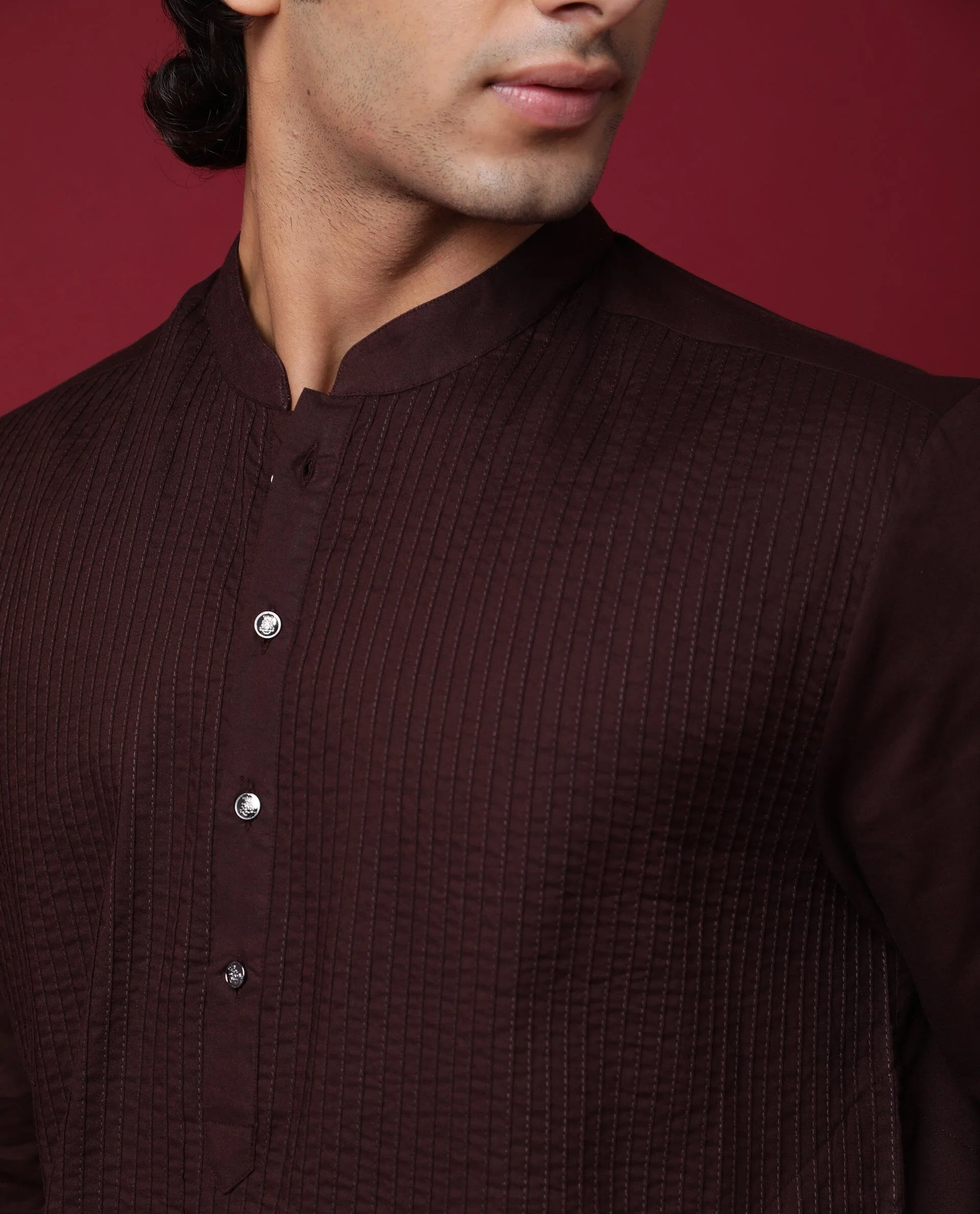 Rare Rabbit Men's Pintuck-1 Maroon Plain Regular Fit Full Sleeve Mandarin Collar Kurta - Image 5
