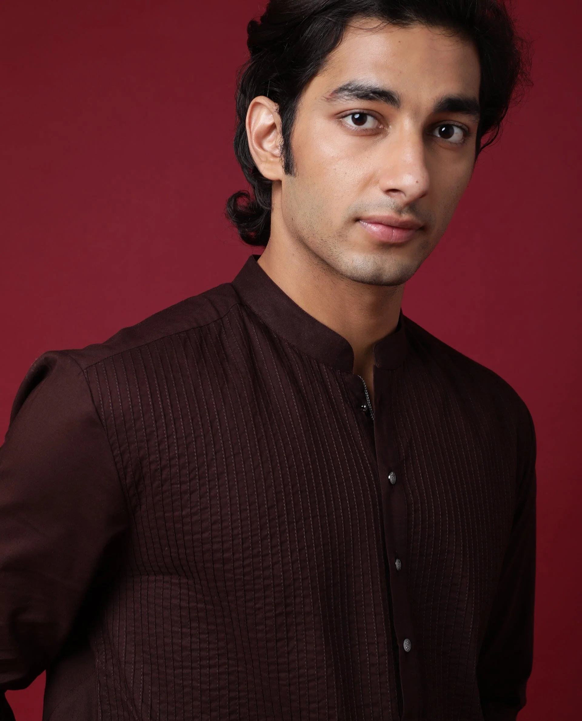 Rare Rabbit Men's Pintuck-1 Maroon Plain Regular Fit Full Sleeve Mandarin Collar Kurta - Image 6