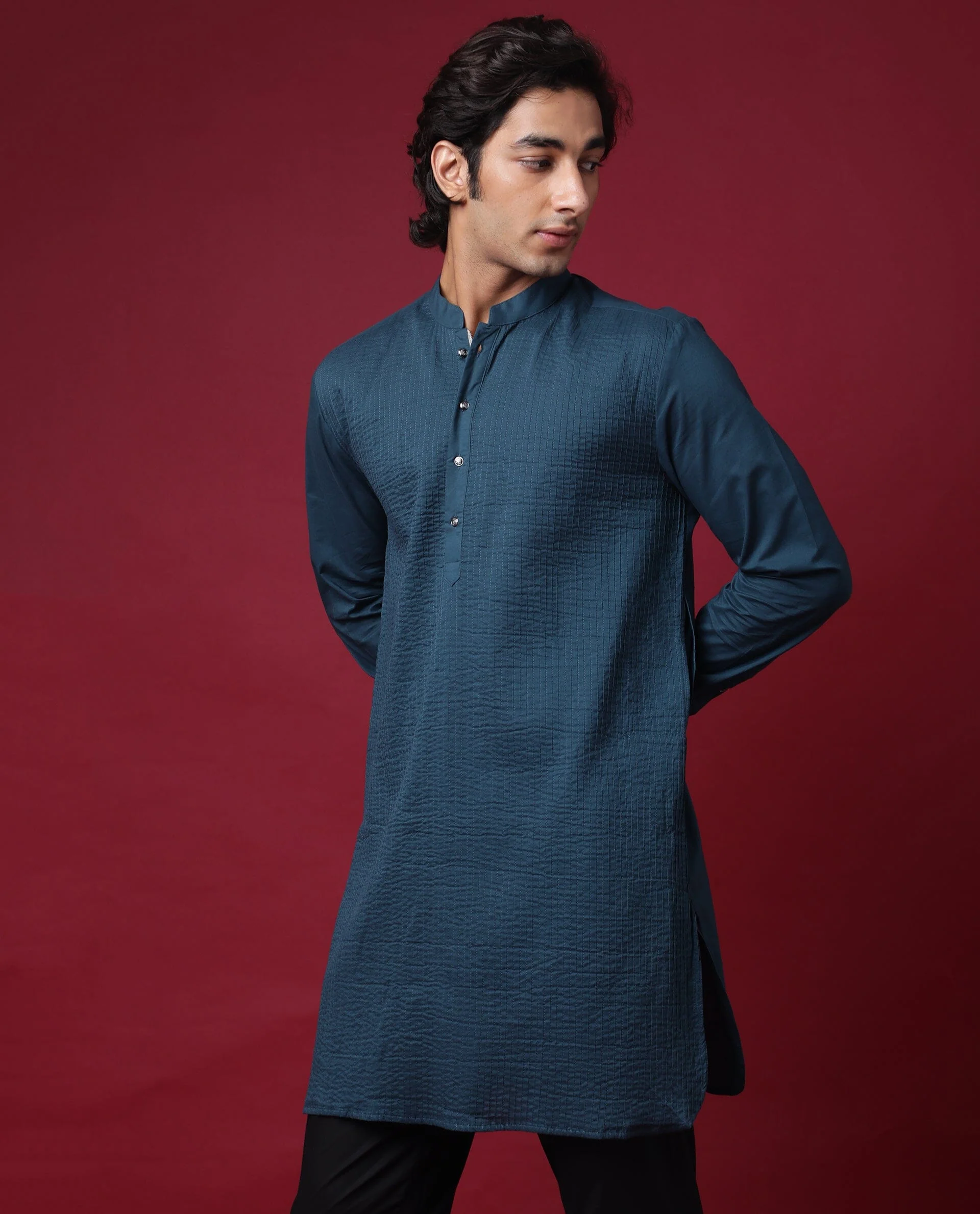 Rare Rabbit Men's Pintuck-1 Petrol Plain Regular Fit Full Sleeve Mandarin Collar Kurta