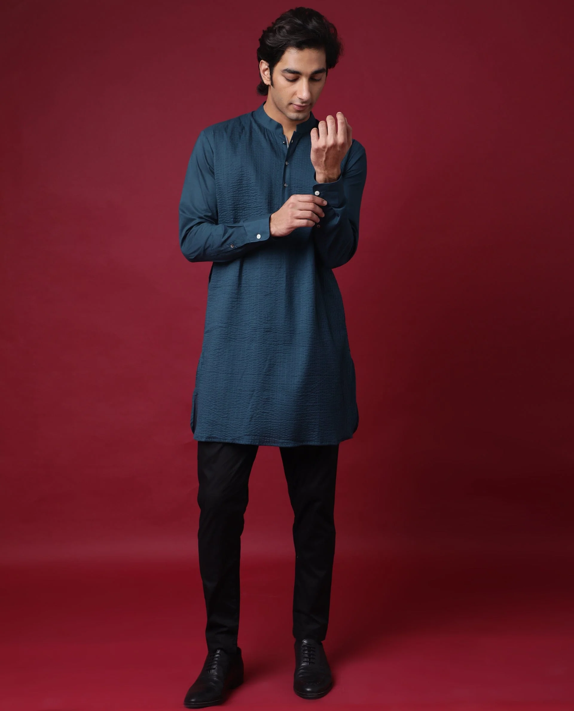 Rare Rabbit Men's Pintuck-1 Petrol Plain Regular Fit Full Sleeve Mandarin Collar Kurta - Image 2