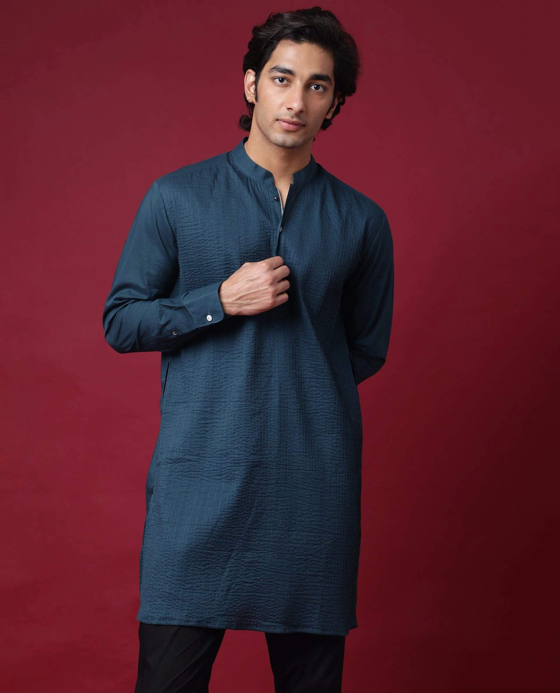 Rare Rabbit Men's Pintuck-1 Petrol Plain Regular Fit Full Sleeve Mandarin Collar Kurta - Image 3