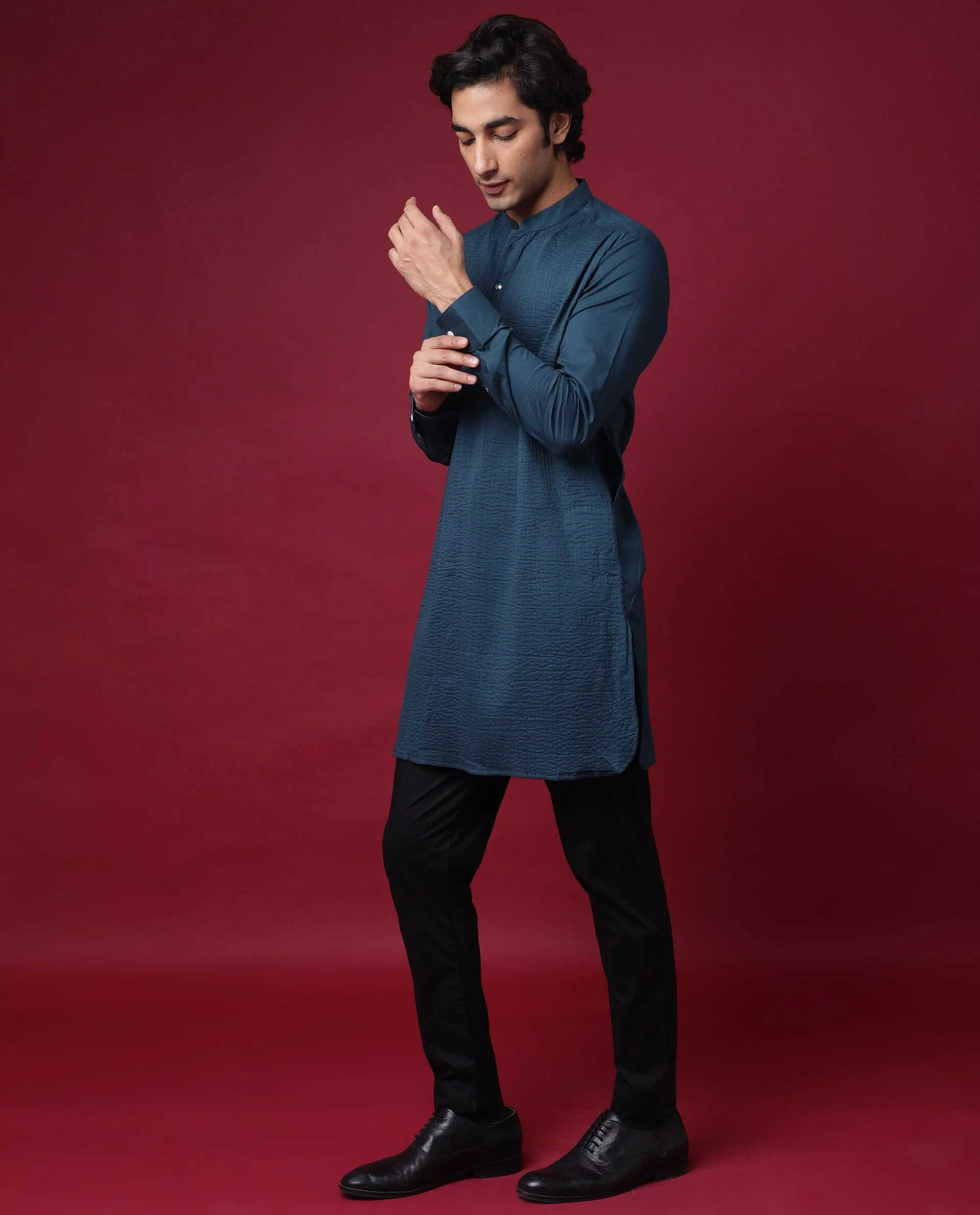 Rare Rabbit Men's Pintuck-1 Petrol Plain Regular Fit Full Sleeve Mandarin Collar Kurta - Image 4