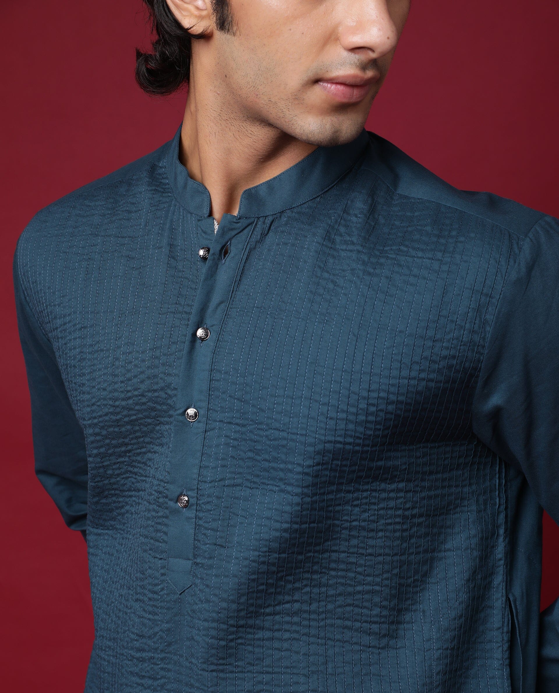 Rare Rabbit Men's Pintuck-1 Petrol Plain Regular Fit Full Sleeve Mandarin Collar Kurta - Image 5