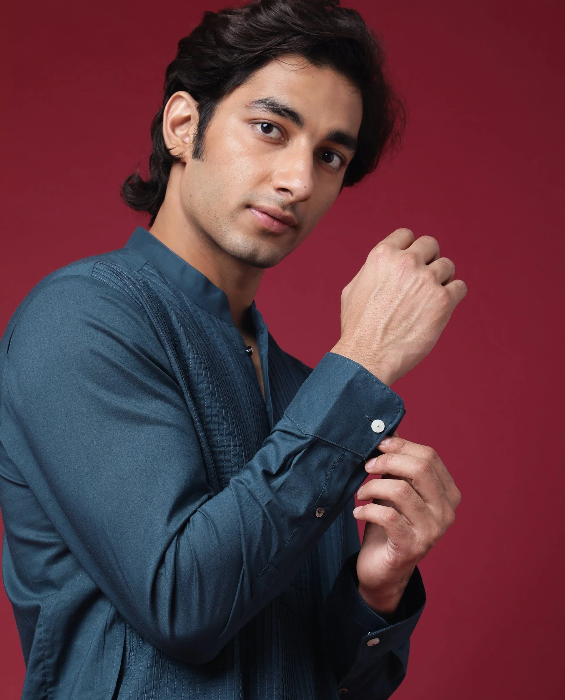 Rare Rabbit Men's Pintuck-1 Petrol Plain Regular Fit Full Sleeve Mandarin Collar Kurta - Image 6