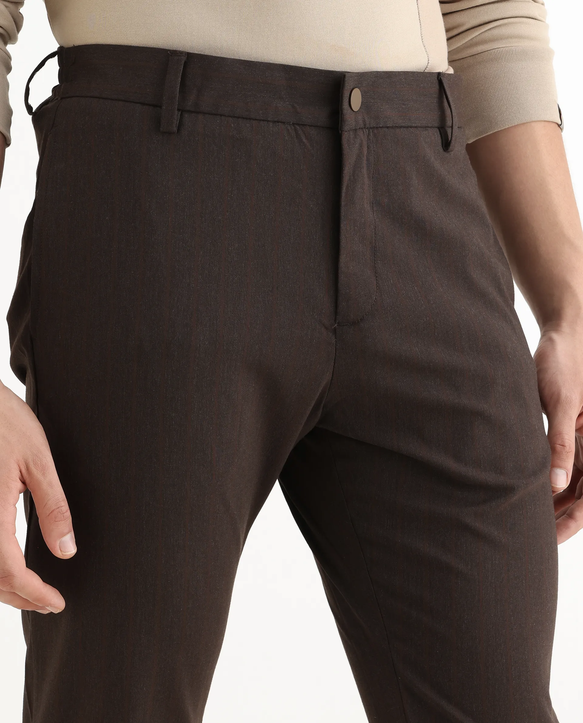 Rare Rabbit Men's Piper Brown Polyester Striped Print Regular Fit Trouser - Image 3