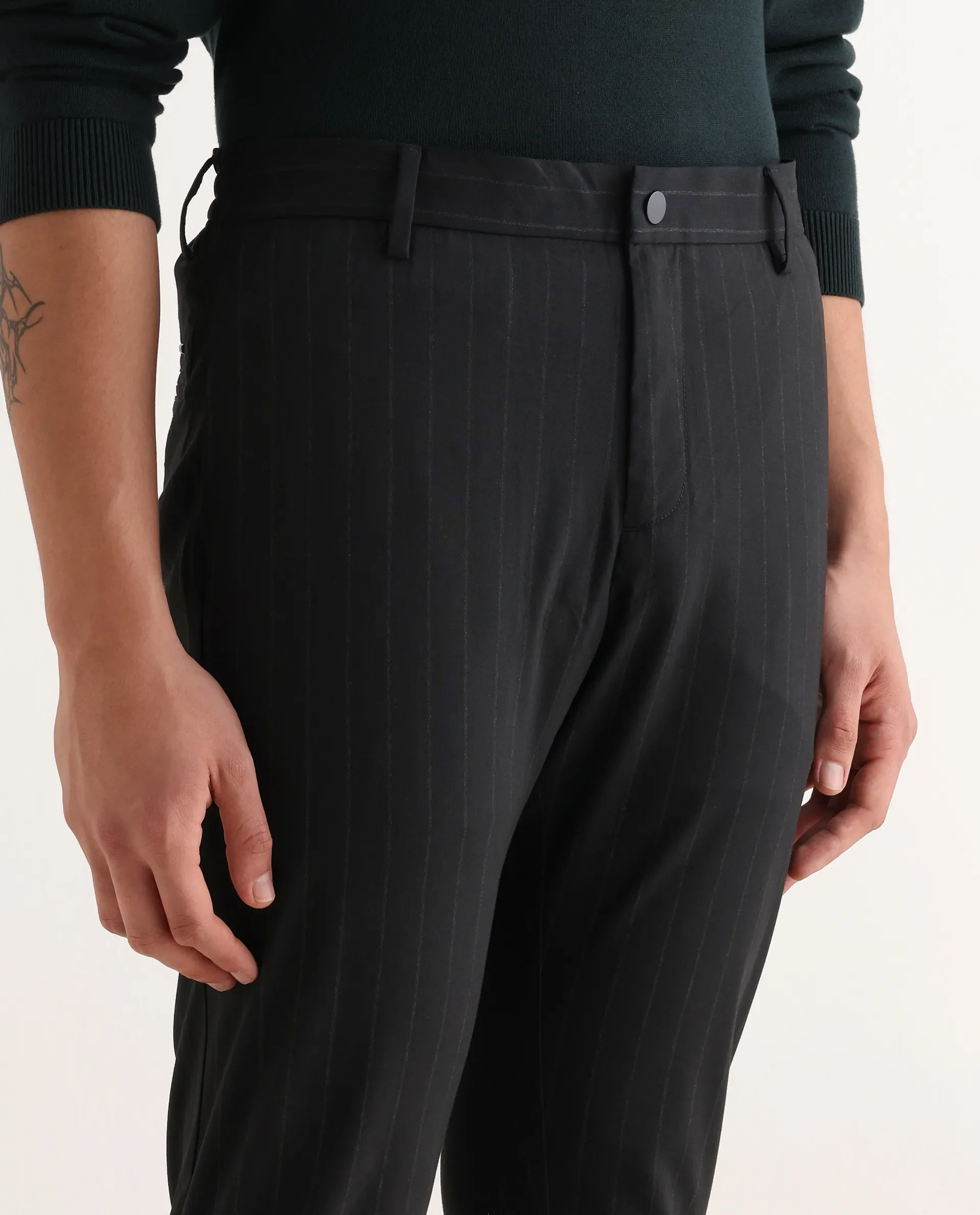 Rare Rabbit Men's Piper Navy Polyester Striped Print Regular Fit Trouser - Image 3