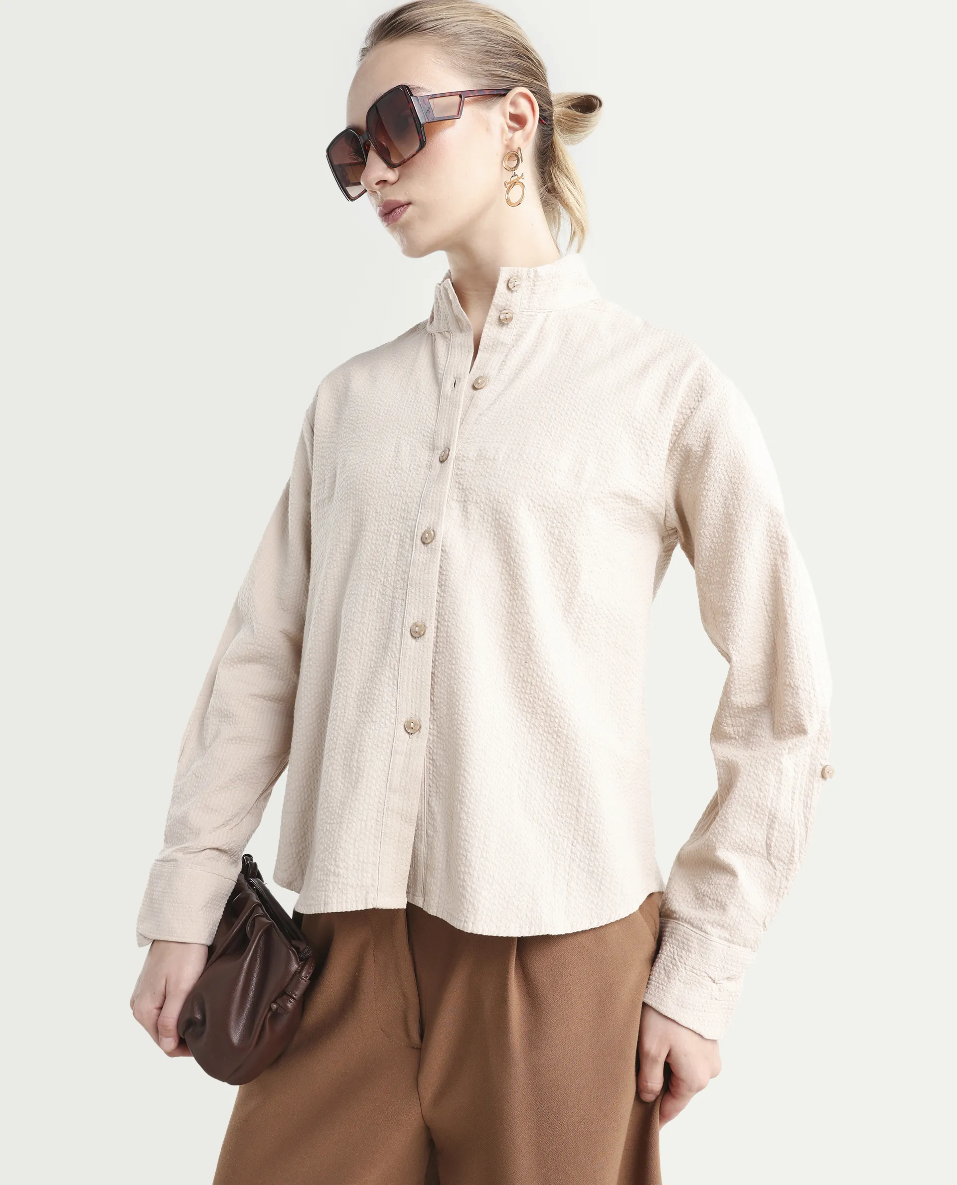 Rareism Women's Pipti Beige Cotton Blend Drop Collar Plain Cuffed Sleeve Regular Fit Shirt