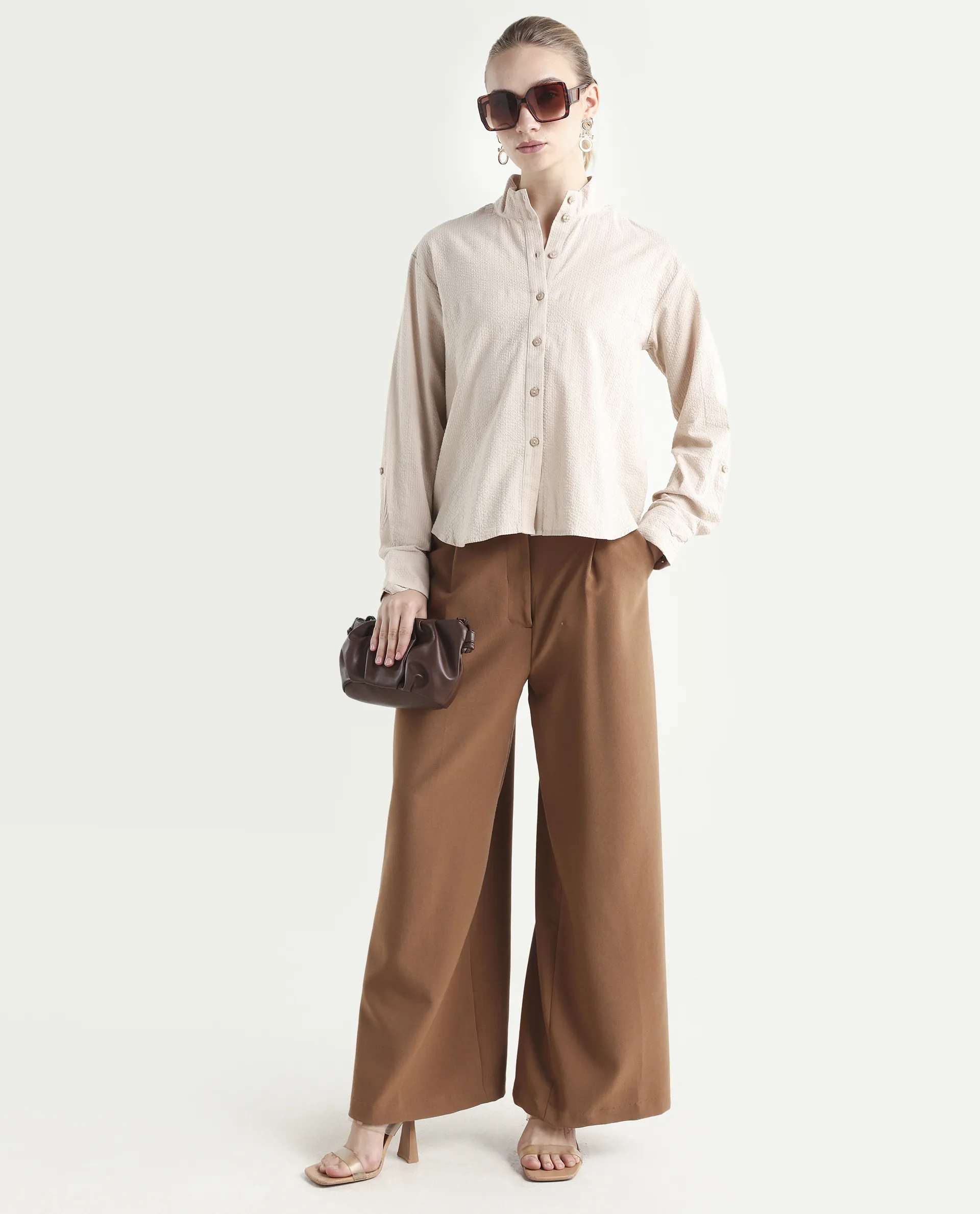 Rareism Women's Pipti Beige Cotton Blend Drop Collar Plain Cuffed Sleeve Regular Fit Shirt - Image 2