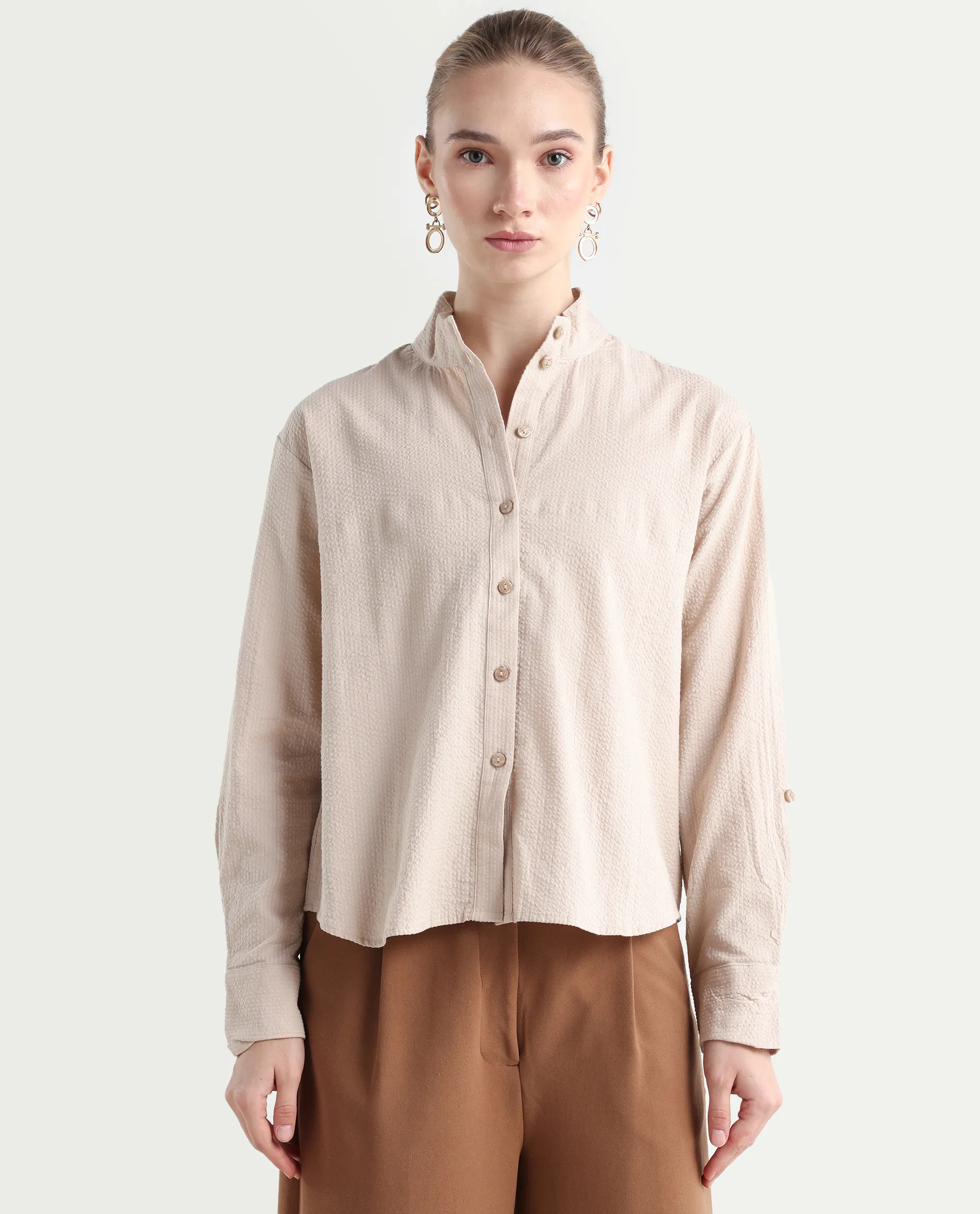 Rareism Women's Pipti Beige Cotton Blend Drop Collar Plain Cuffed Sleeve Regular Fit Shirt - Image 3