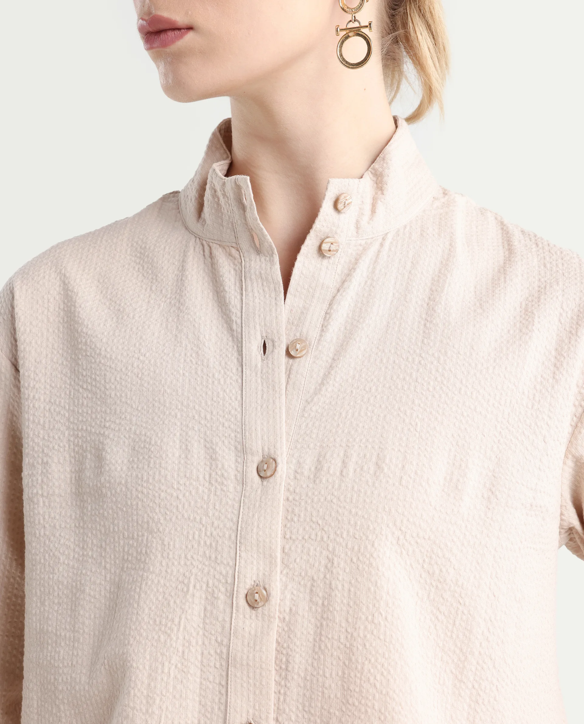 Rareism Women's Pipti Beige Cotton Blend Drop Collar Plain Cuffed Sleeve Regular Fit Shirt - Image 4
