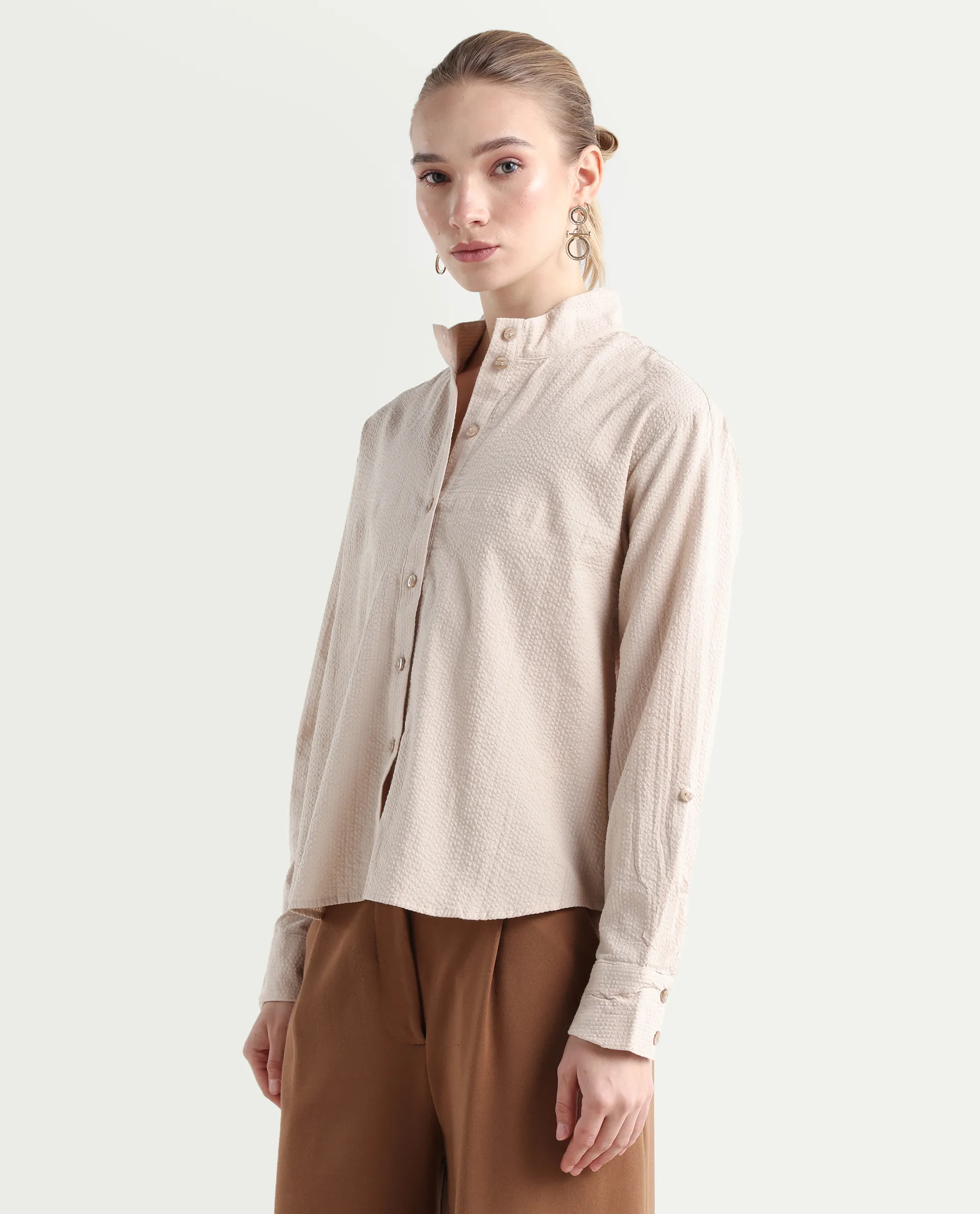 Rareism Women's Pipti Beige Cotton Blend Drop Collar Plain Cuffed Sleeve Regular Fit Shirt - Image 5