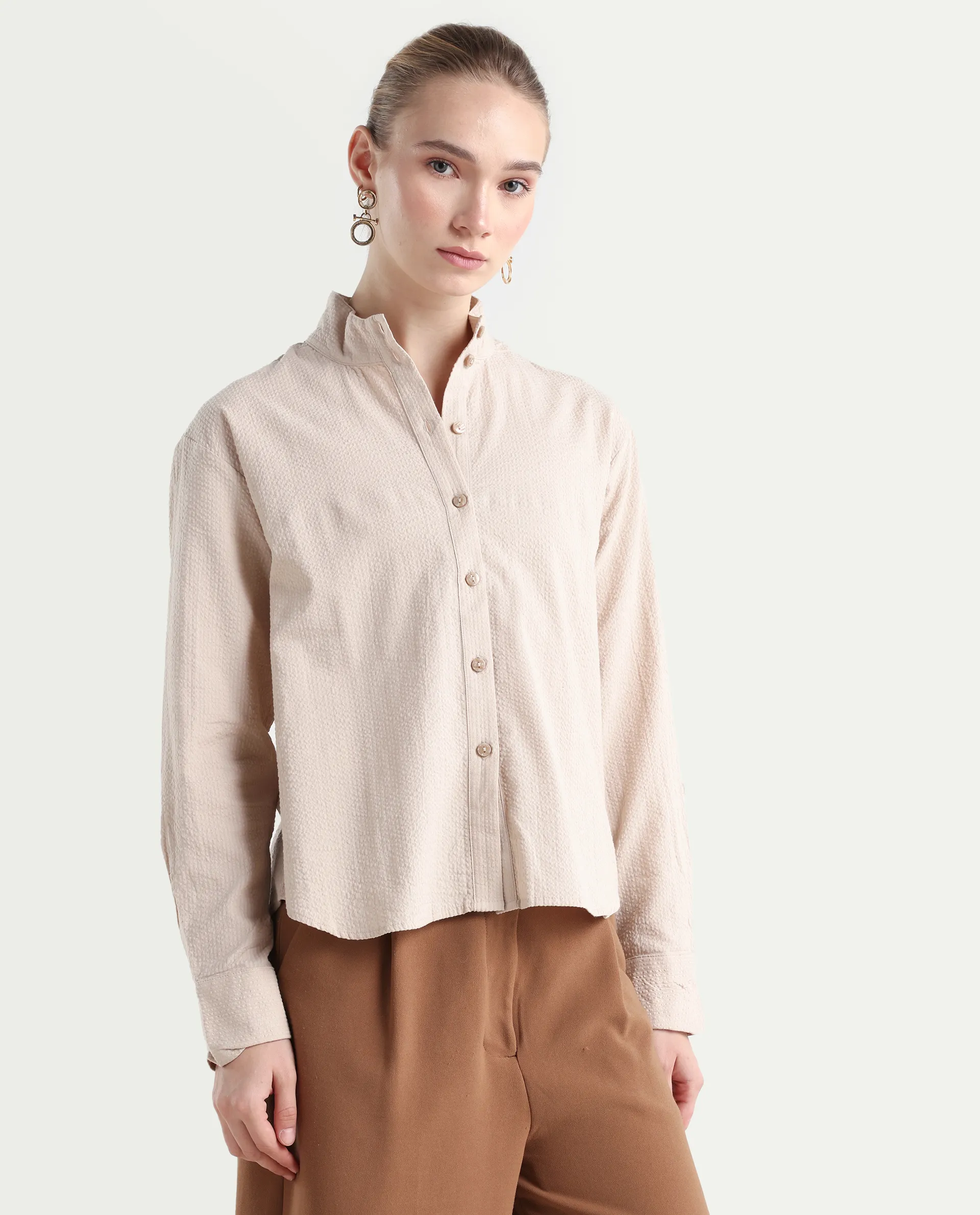 Rareism Women's Pipti Beige Cotton Blend Drop Collar Plain Cuffed Sleeve Regular Fit Shirt - Image 6
