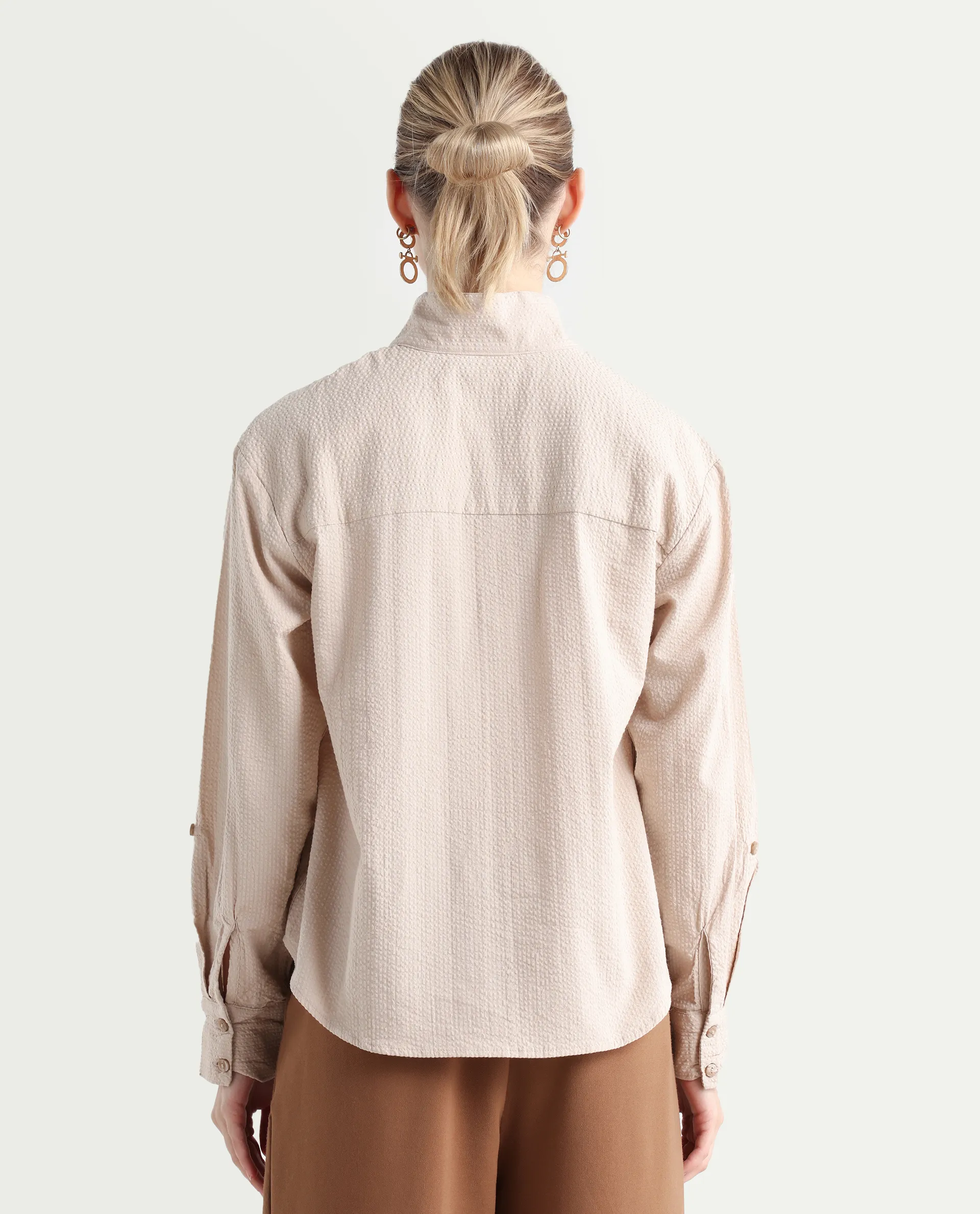 Rareism Women's Pipti Beige Cotton Blend Drop Collar Plain Cuffed Sleeve Regular Fit Shirt - Image 7