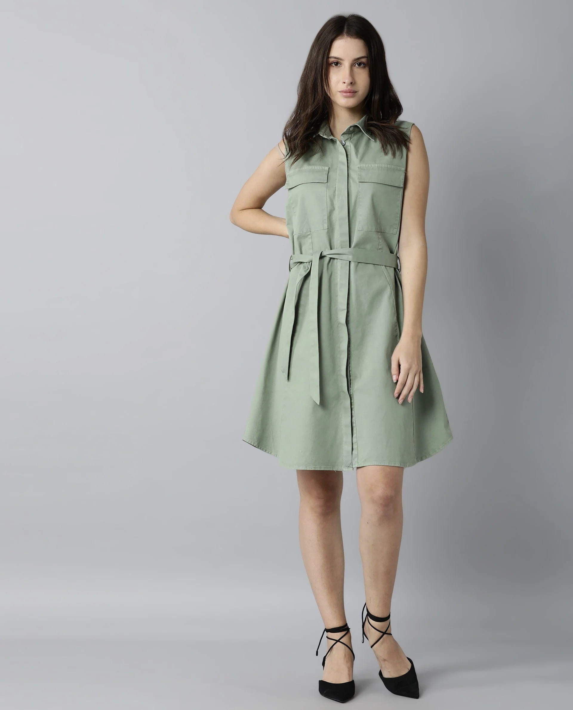 Rareism Women Pique Green Dress Sleeveless Solid