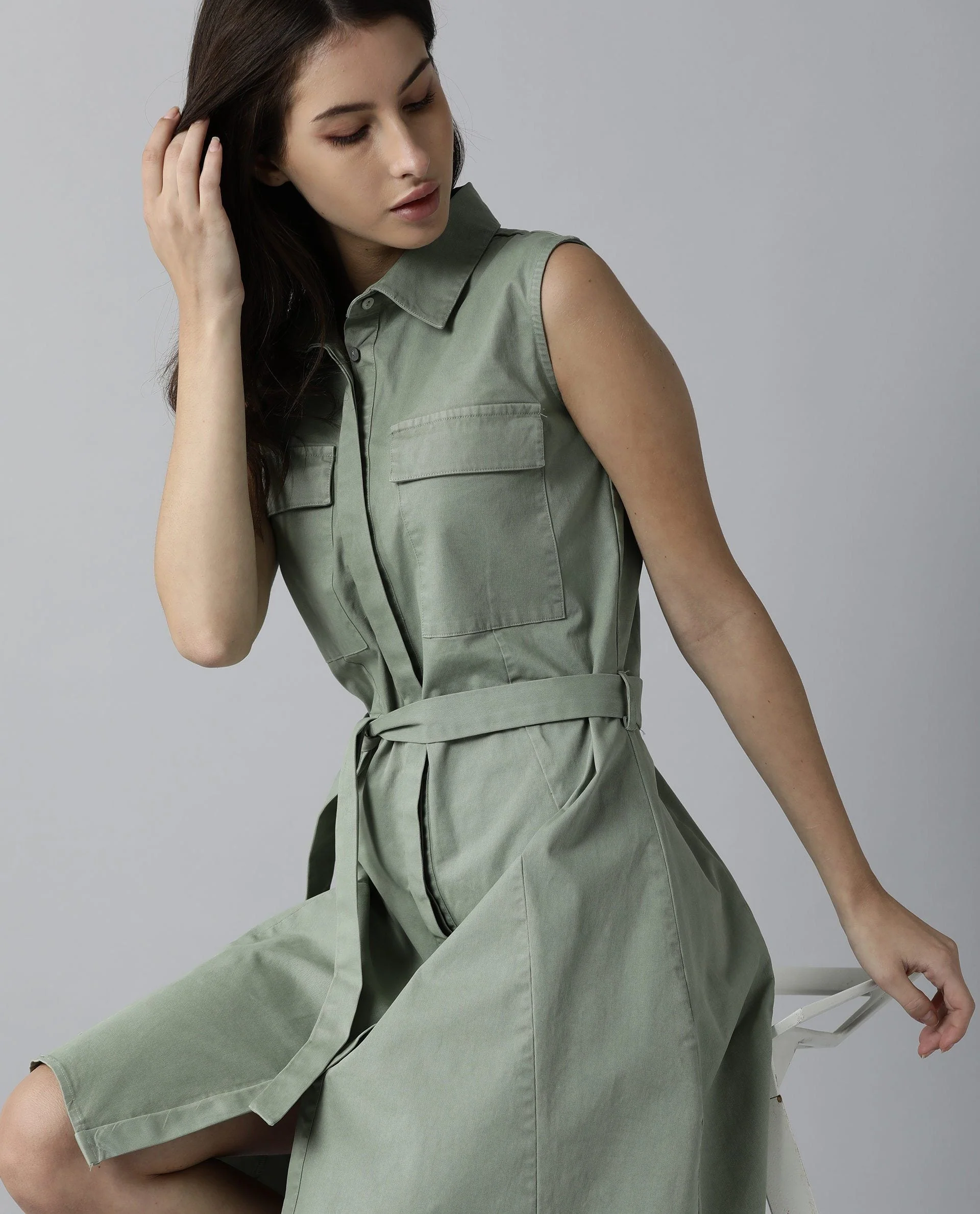 Rareism Women Pique Green Dress Sleeveless Solid - Image 2