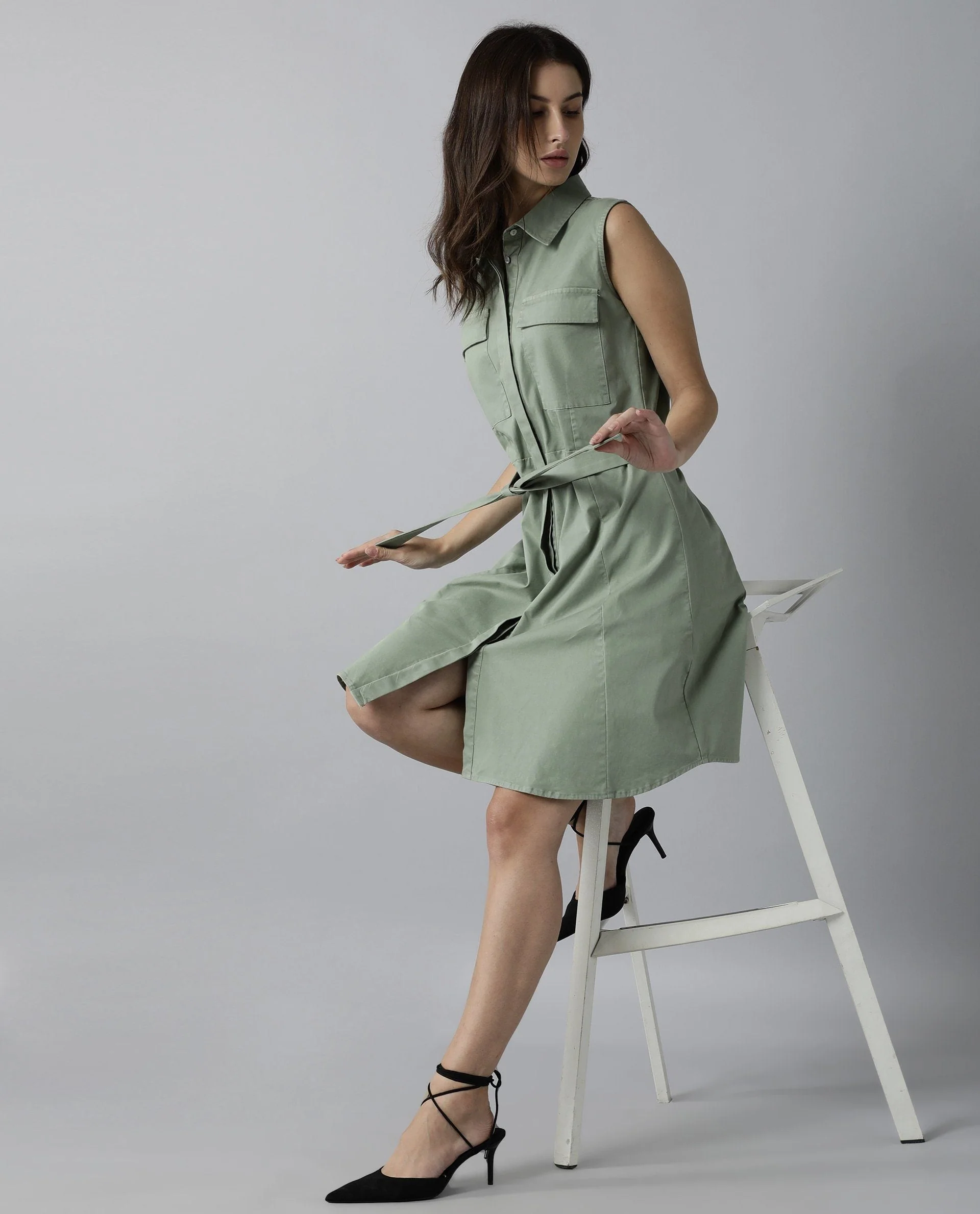 Rareism Women Pique Green Dress Sleeveless Solid - Image 5