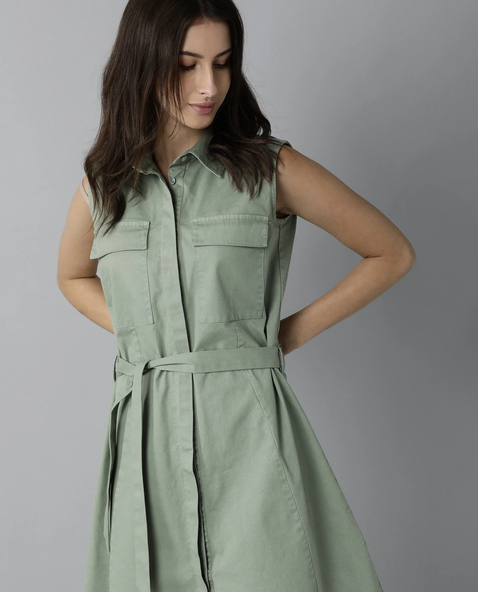 Rareism Women Pique Green Dress Sleeveless Solid - Image 7