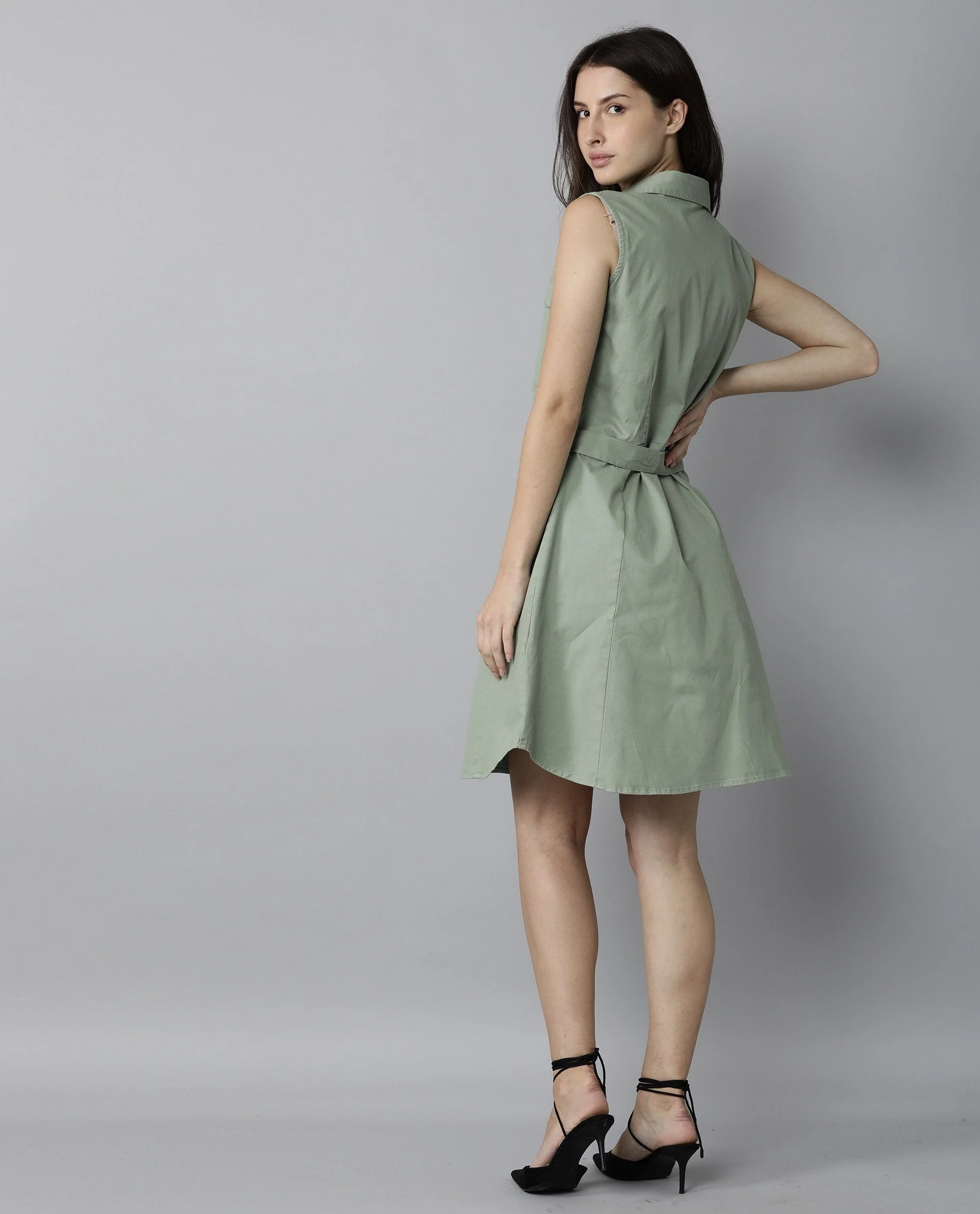 Rareism Women Pique Green Dress Sleeveless Solid - Image 8