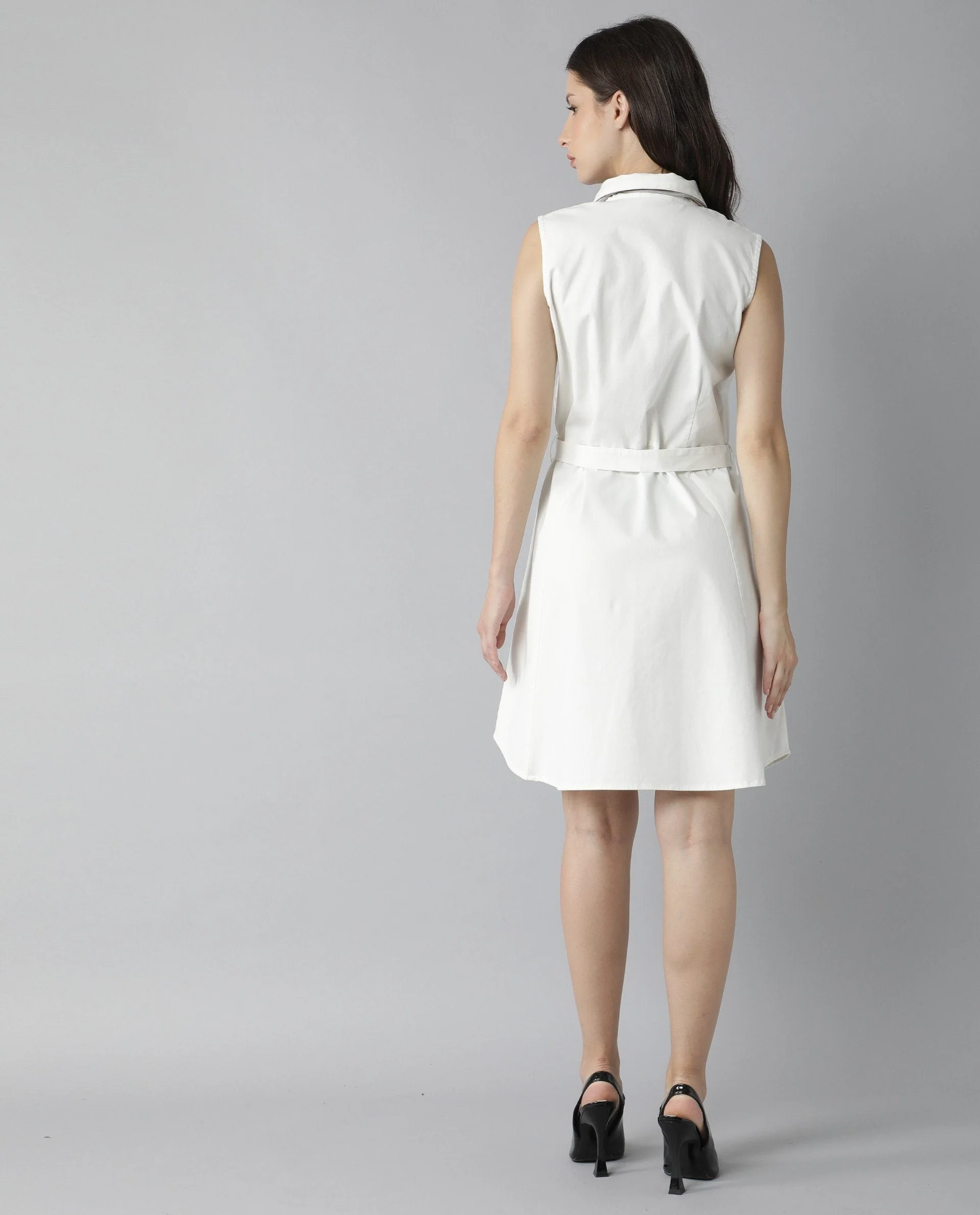 Rareism Women Pique Offwhite Dress Sleeveless Solid - Image 5
