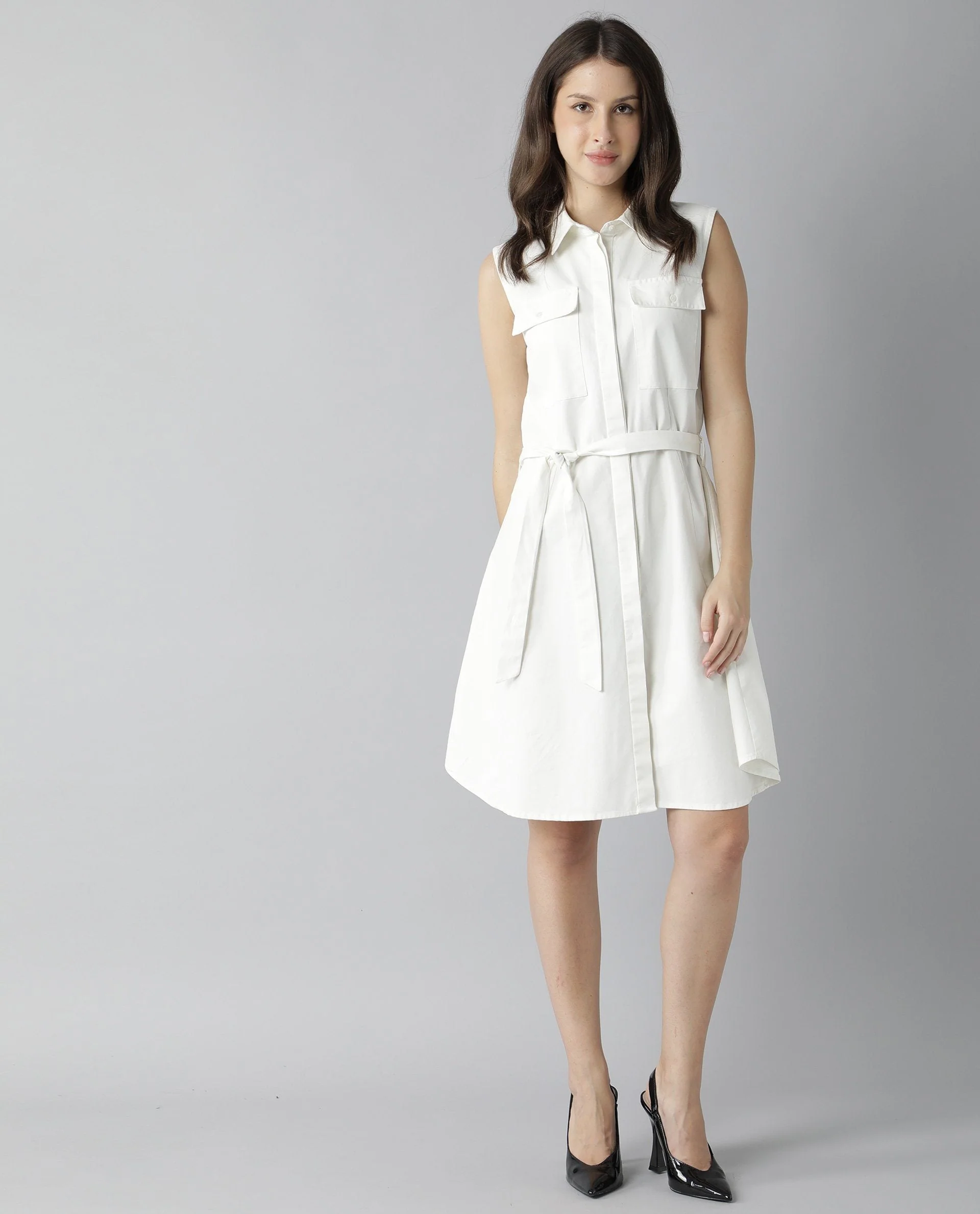 Rareism Women Pique Offwhite Dress Sleeveless Solid - Image 7