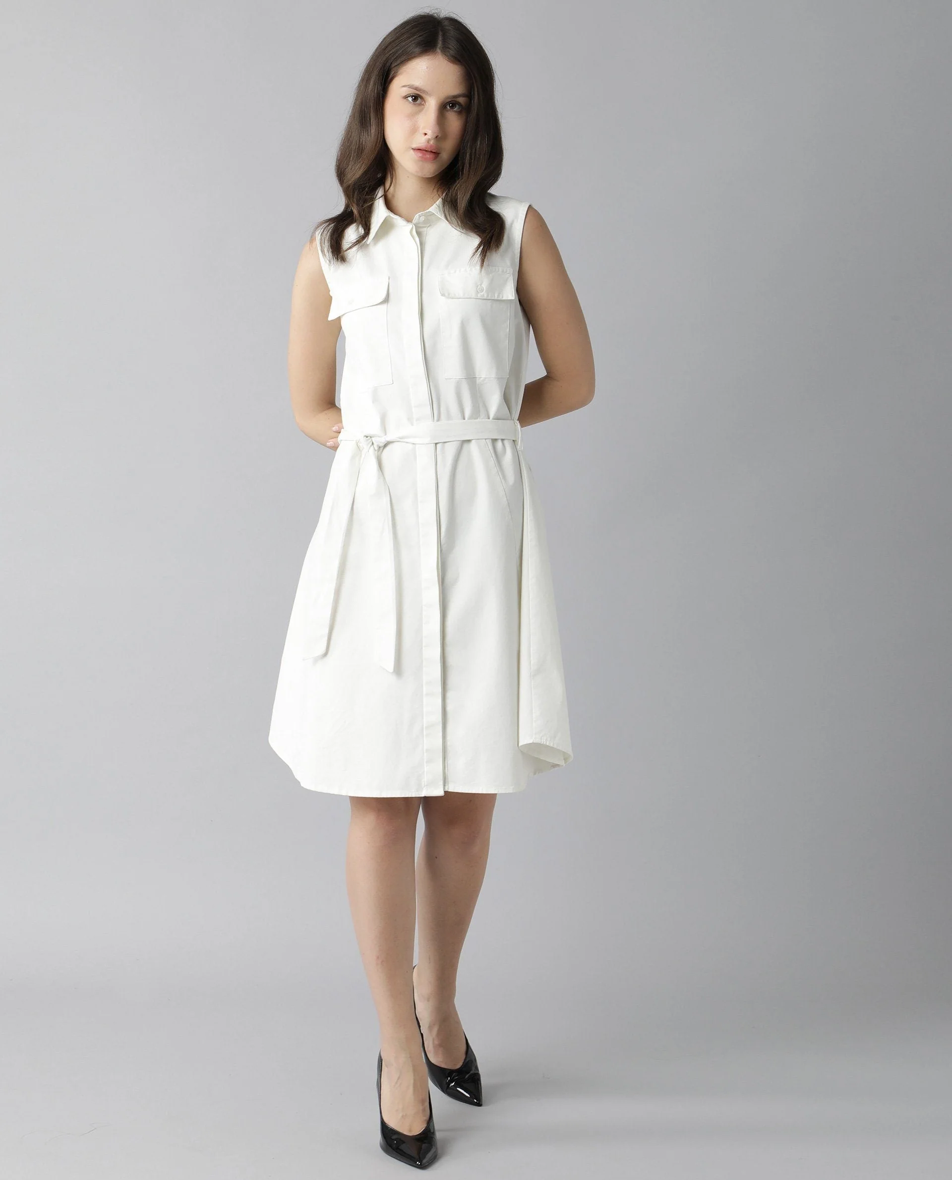 Rareism Women Pique Offwhite Dress Sleeveless Solid - Image 8
