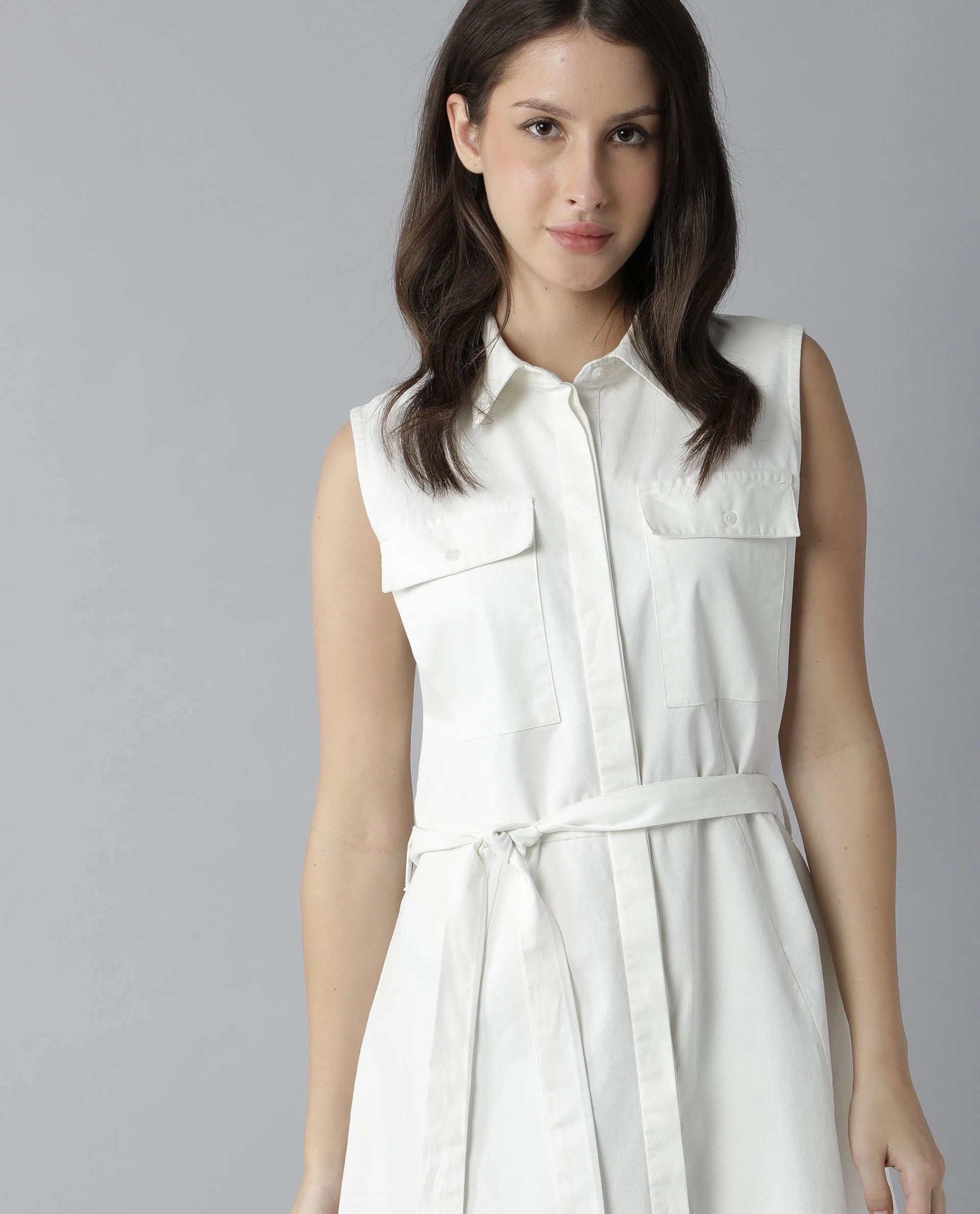 Rareism Women Pique Offwhite Dress Sleeveless Solid - Image 9