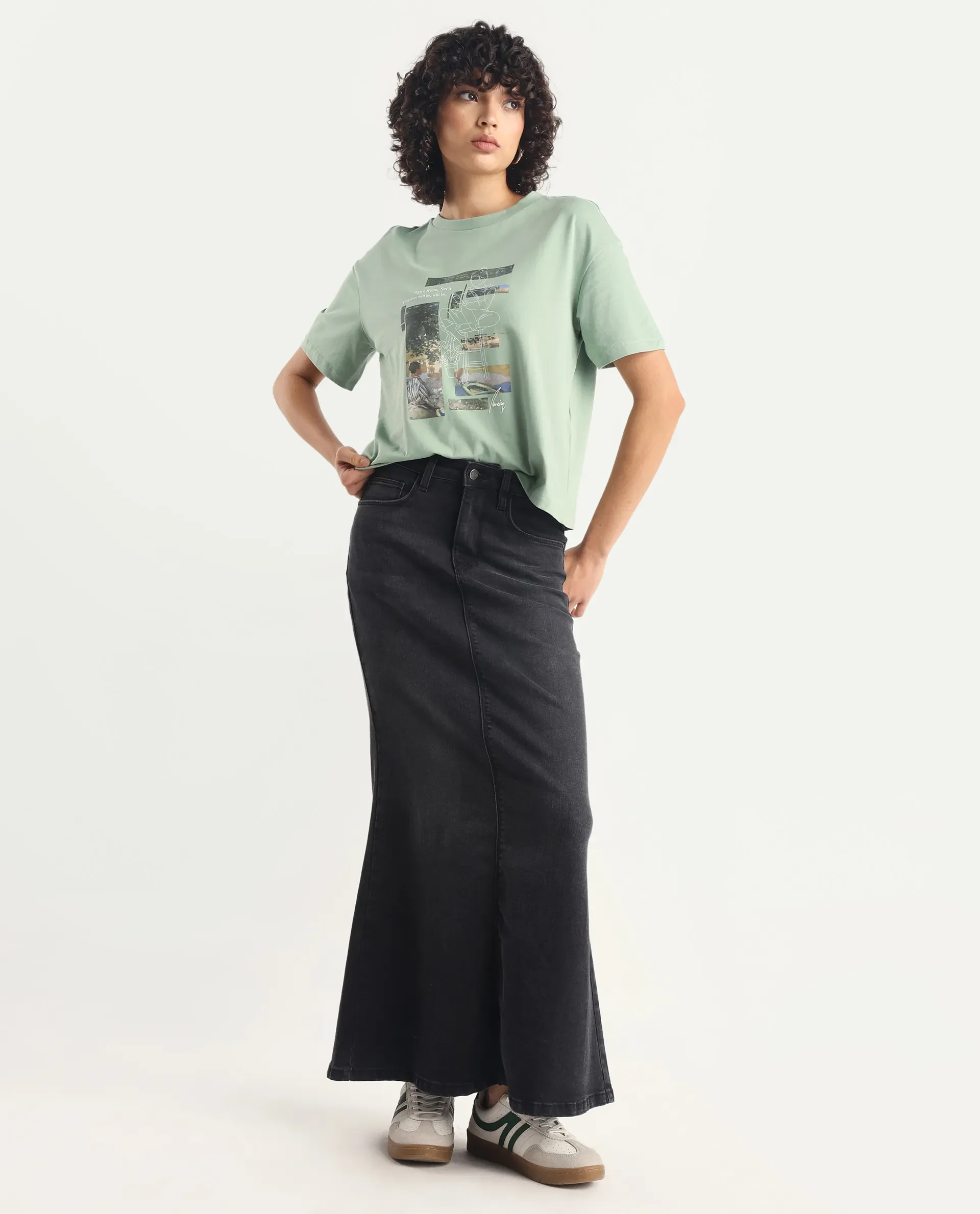 Rareism Women's Pique Light Green Cotton Blend Crew Neck Graphic Print Relaxed Fit T-Shirt - Image 2