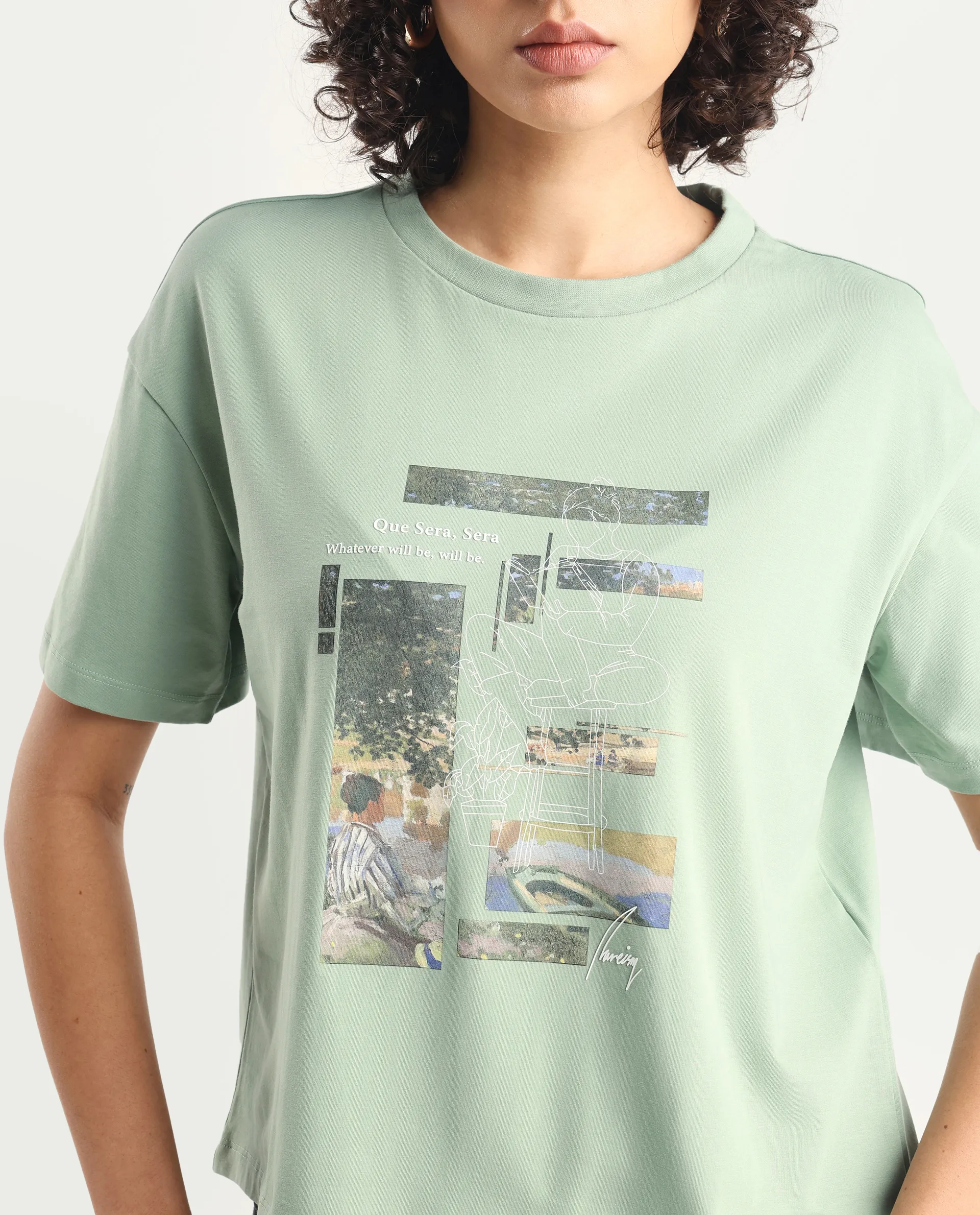 Rareism Women's Pique Light Green Cotton Blend Crew Neck Graphic Print Relaxed Fit T-Shirt - Image 3