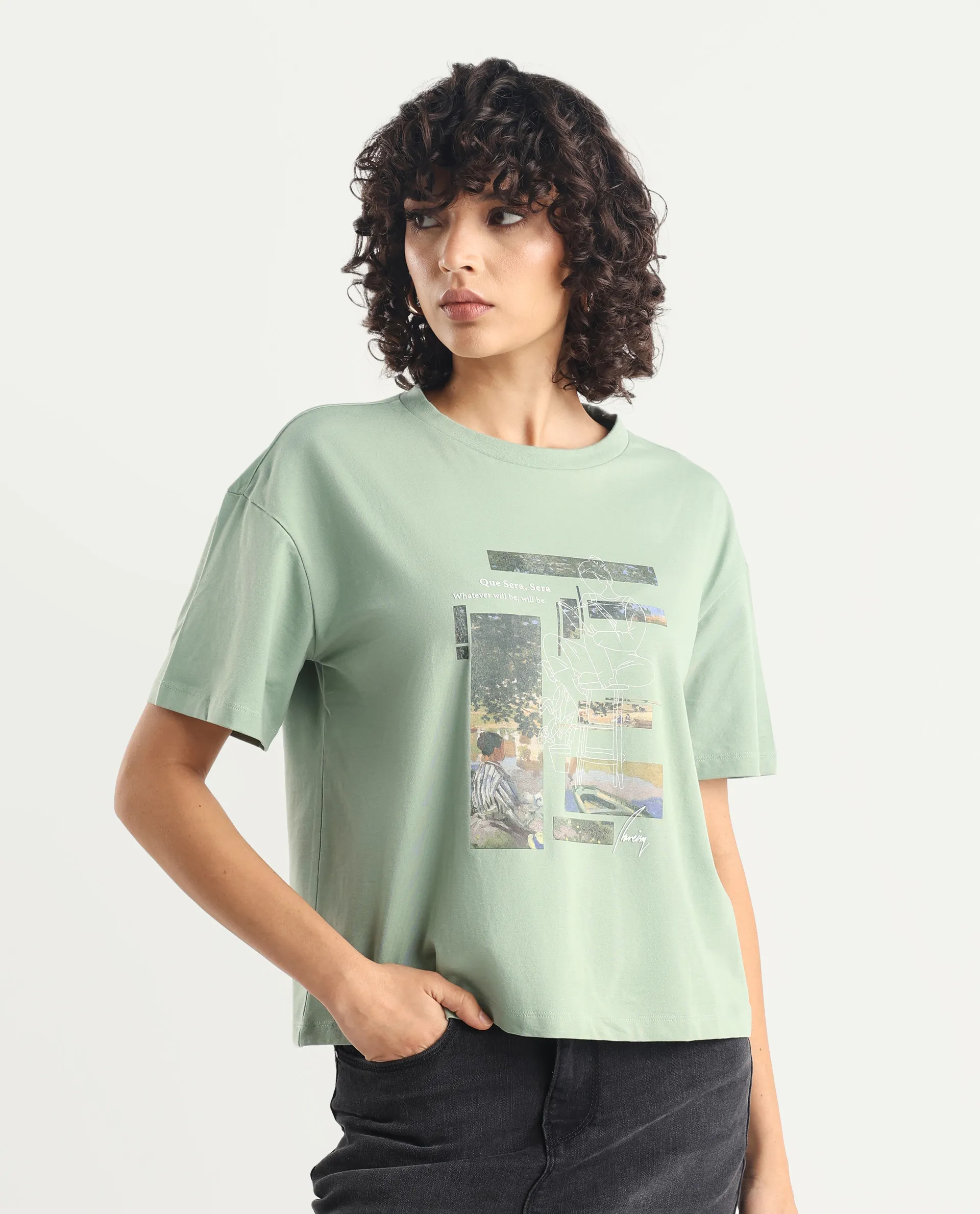 Rareism Women's Pique Light Green Cotton Blend Crew Neck Graphic Print Relaxed Fit T-Shirt - Image 4