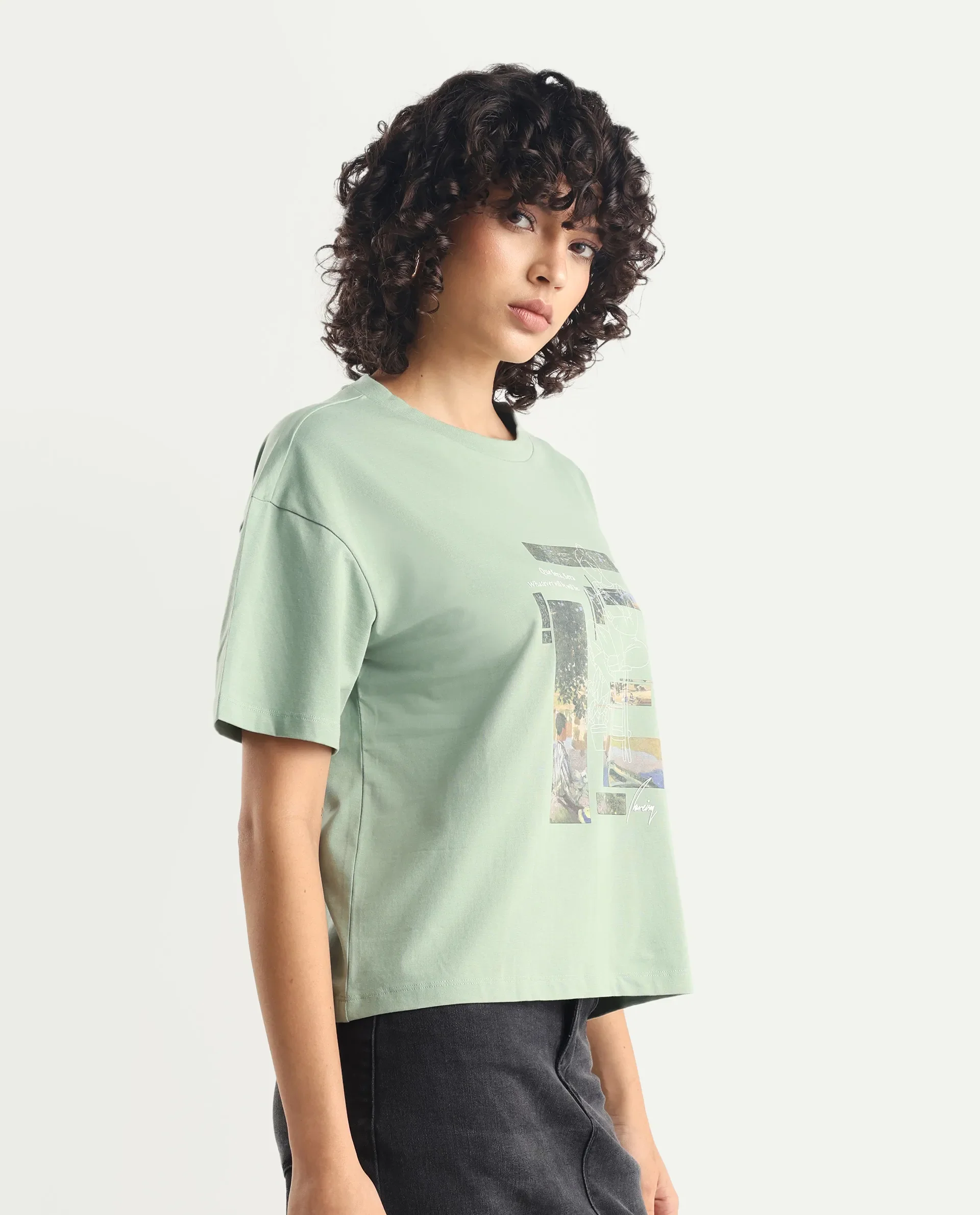 Rareism Women's Pique Light Green Cotton Blend Crew Neck Graphic Print Relaxed Fit T-Shirt - Image 5