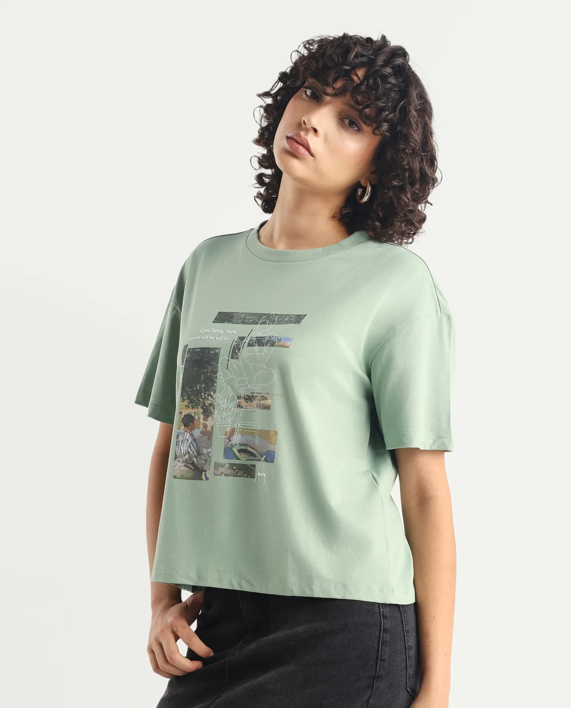 Rareism Women's Pique Light Green Cotton Blend Crew Neck Graphic Print Relaxed Fit T-Shirt - Image 6