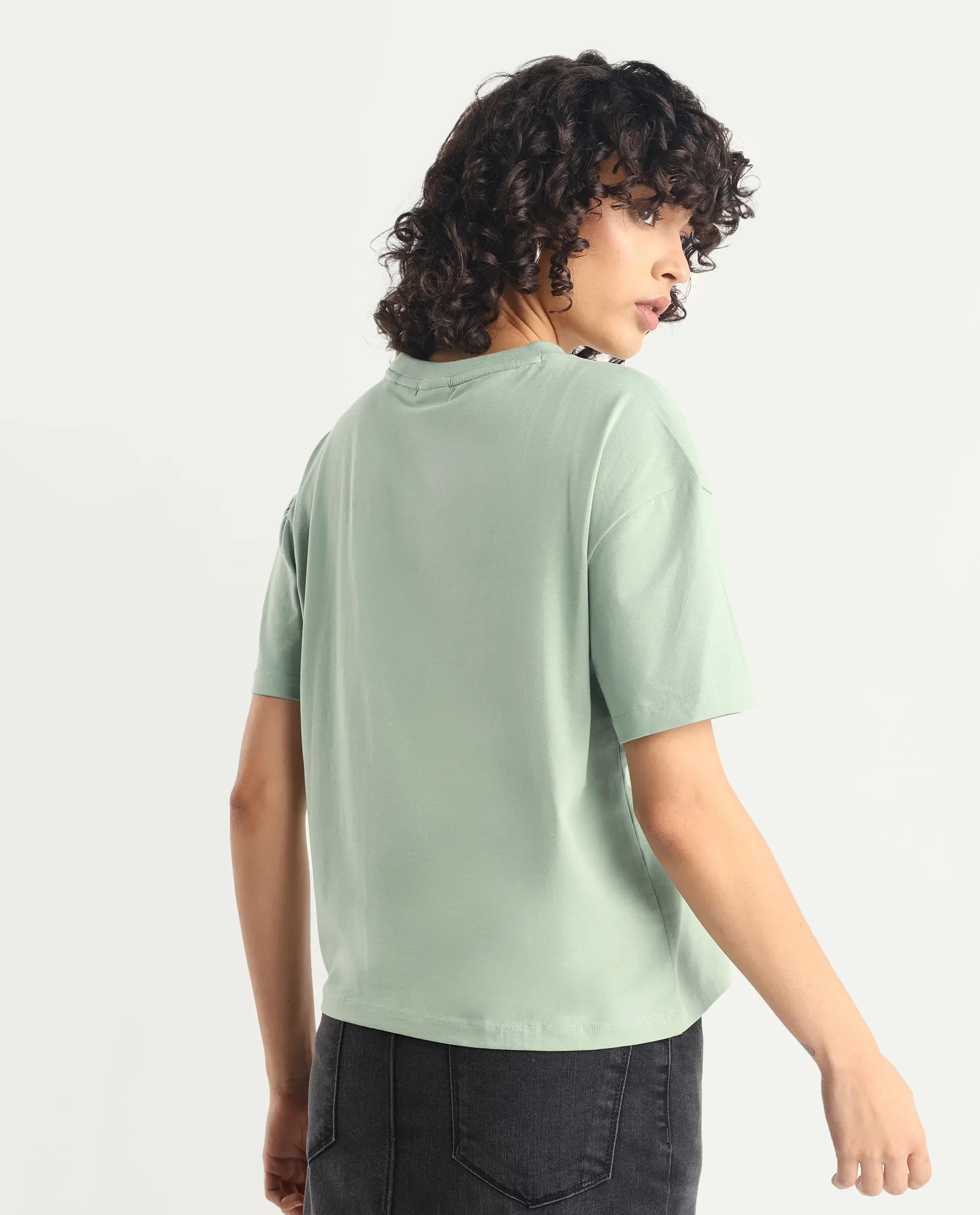 Rareism Women's Pique Light Green Cotton Blend Crew Neck Graphic Print Relaxed Fit T-Shirt - Image 7