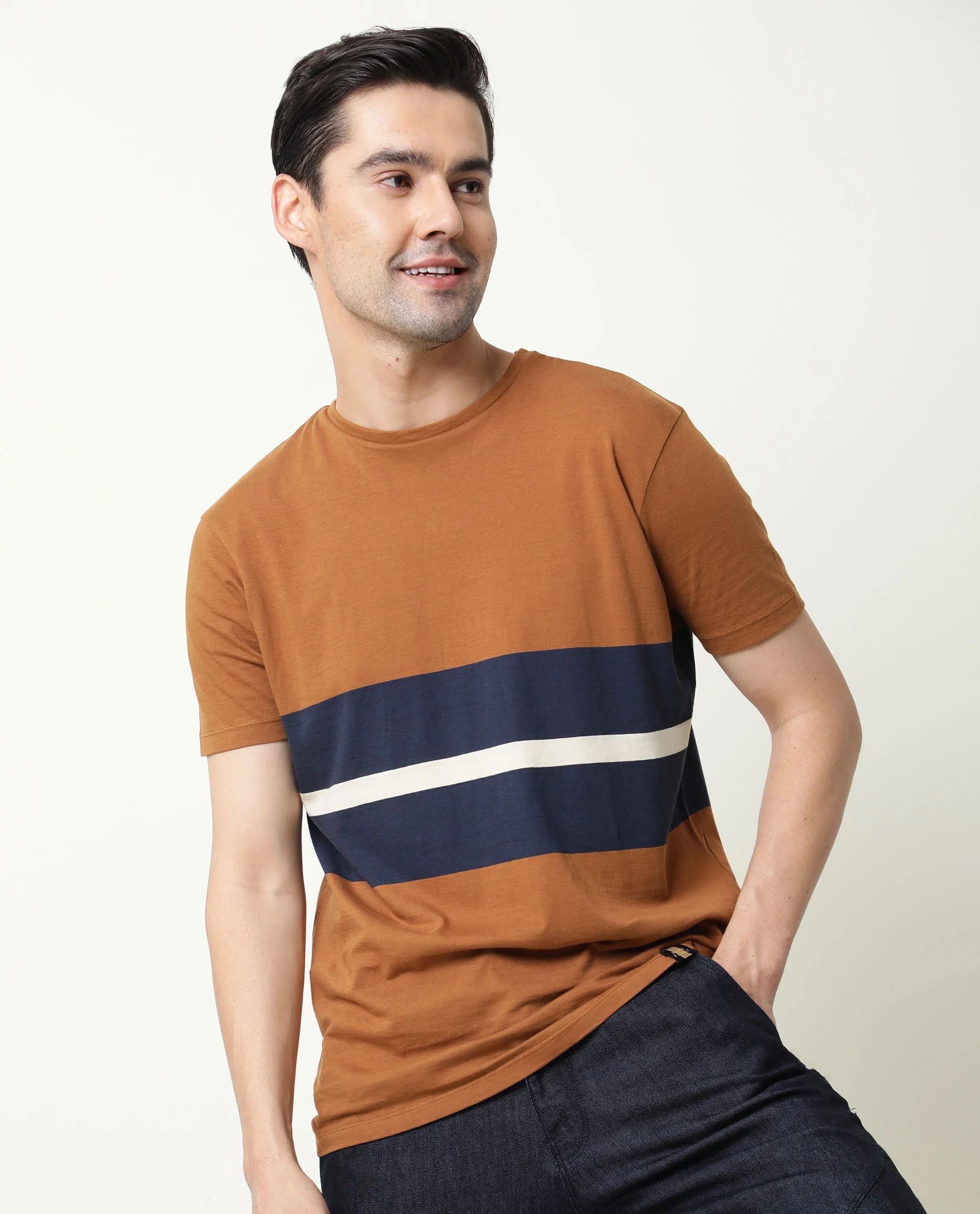 Rare Rabbit Men's Pire Brown Cotton Color Block Slim Fit Half Sleeve Crew Neck T-Shirt - Image 10