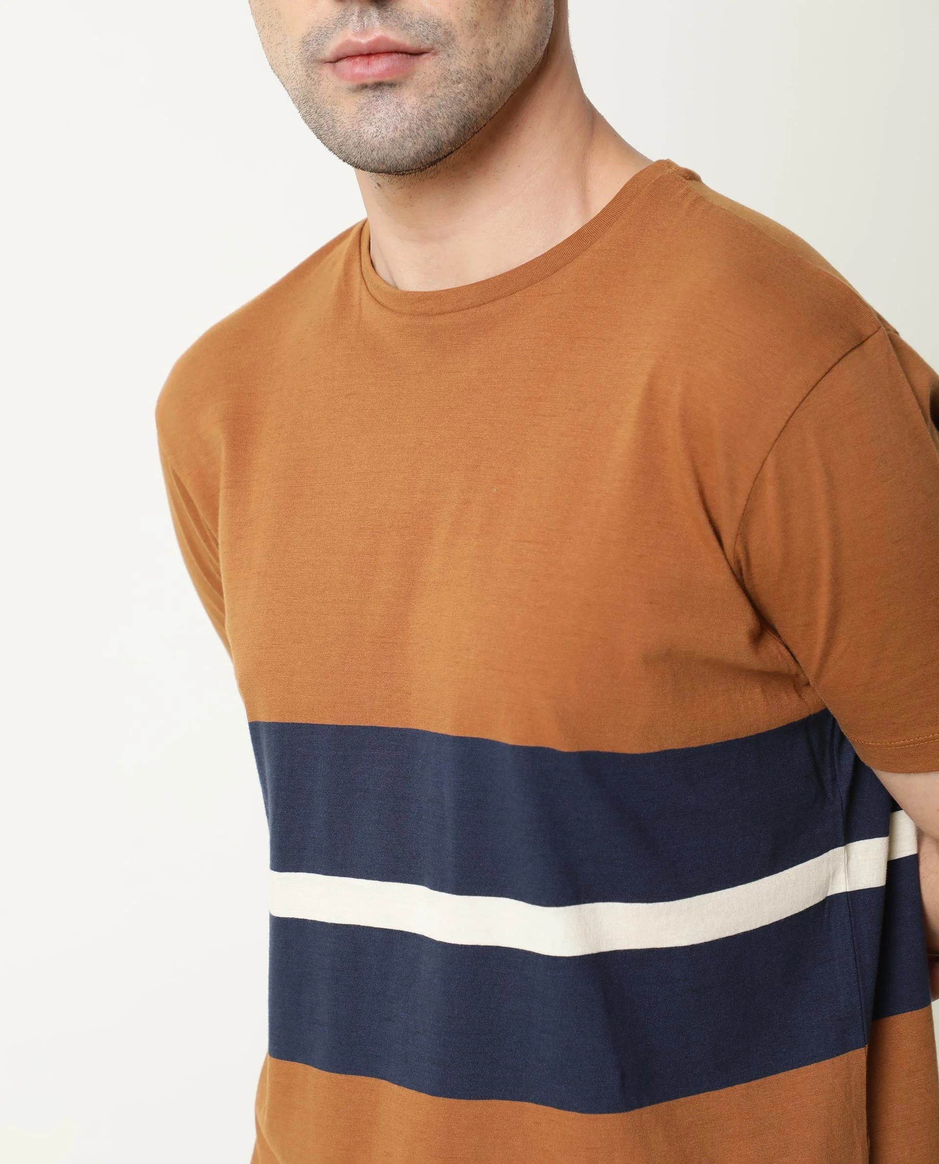 Rare Rabbit Men's Pire Brown Cotton Color Block Slim Fit Half Sleeve Crew Neck T-Shirt - Image 2