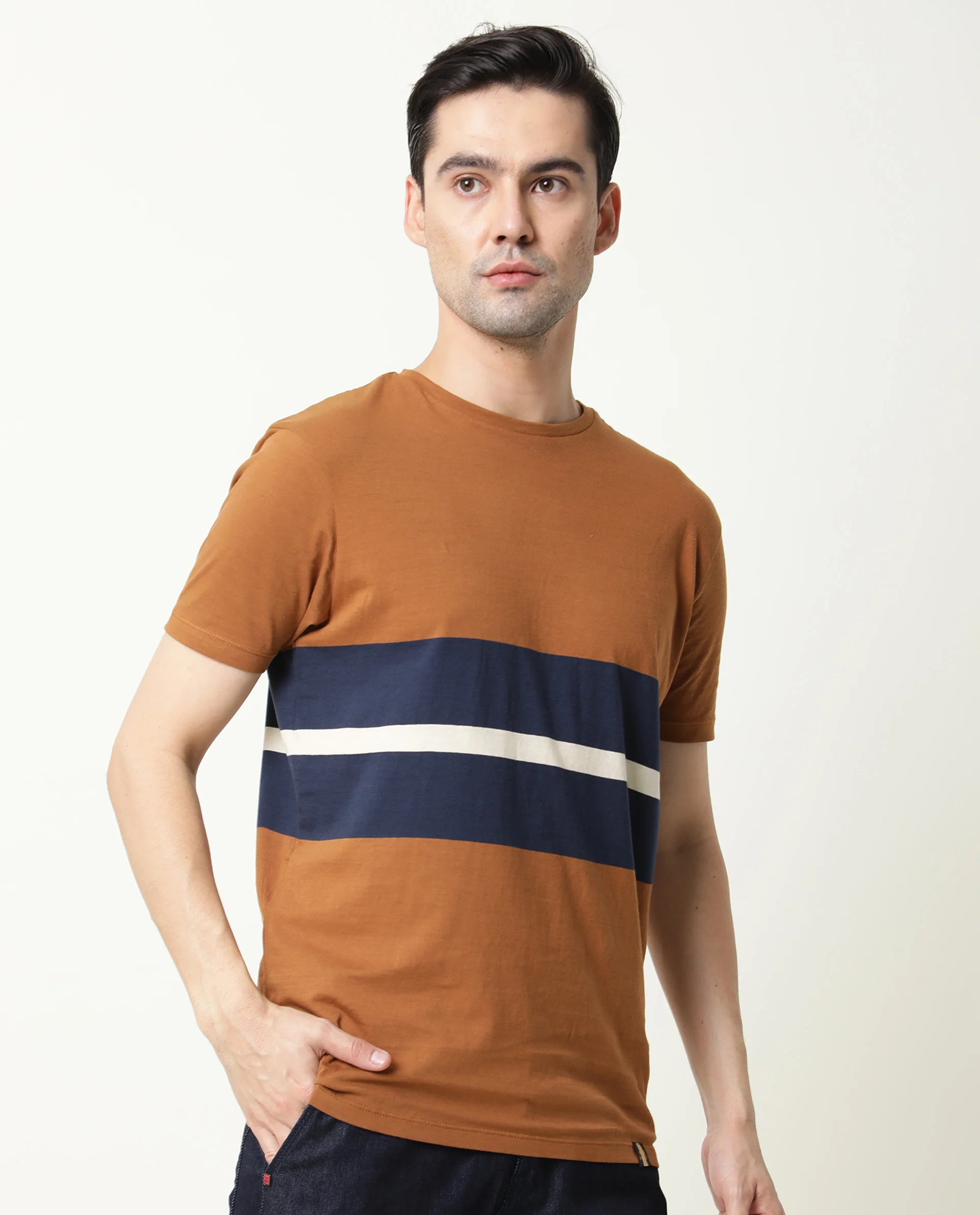 Rare Rabbit Men's Pire Brown Cotton Color Block Slim Fit Half Sleeve Crew Neck T-Shirt - Image 3