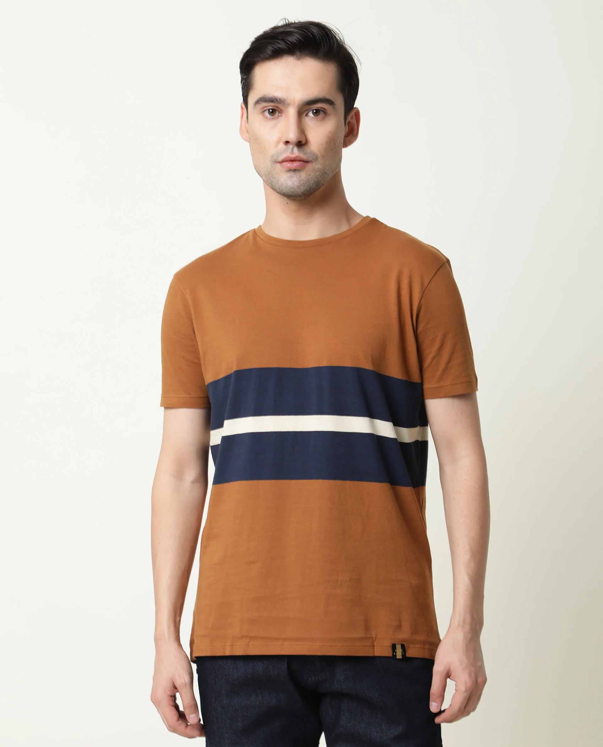 Rare Rabbit Men's Pire Brown Cotton Color Block Slim Fit Half Sleeve Crew Neck T-Shirt - Image 4