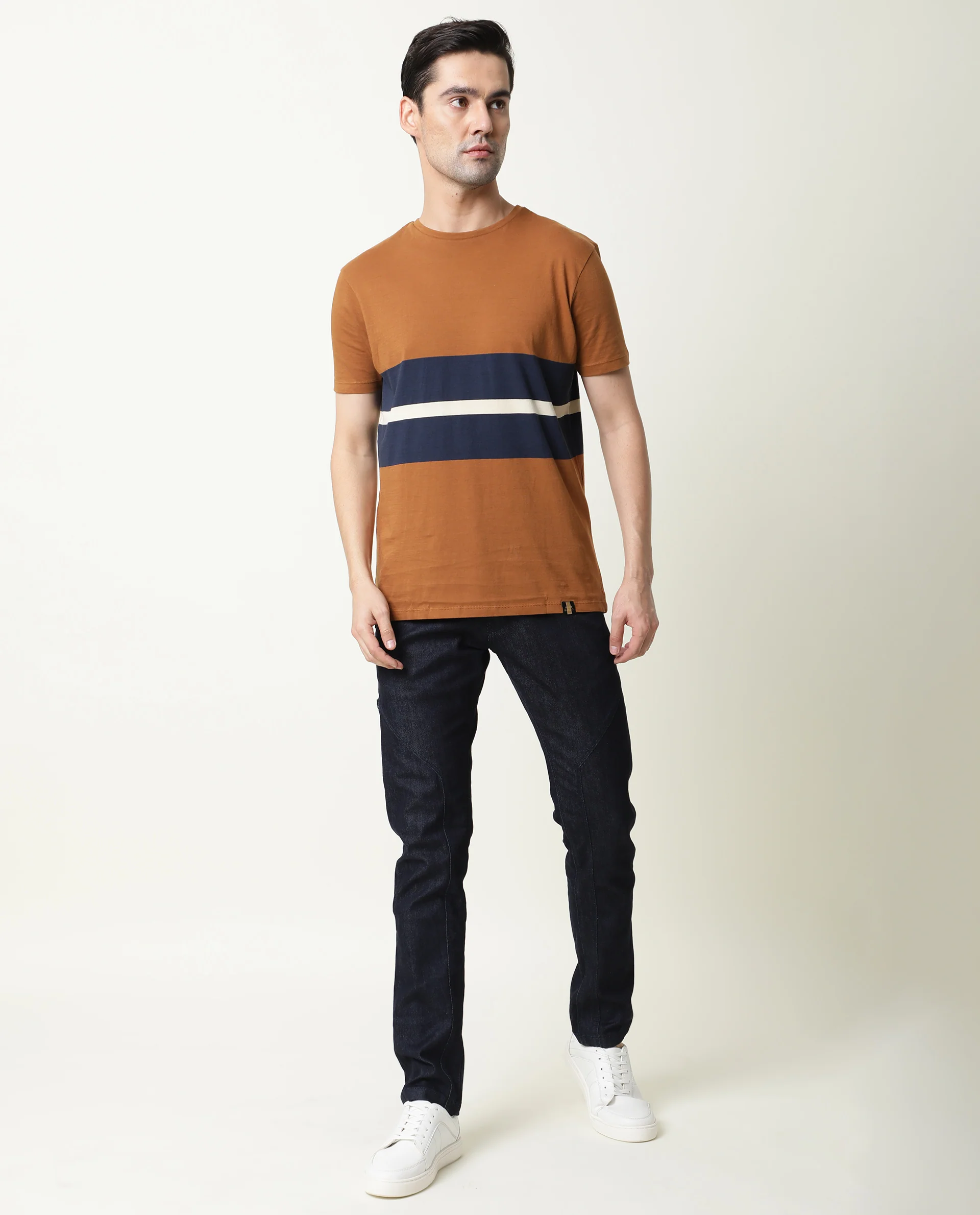 Rare Rabbit Men's Pire Brown Cotton Color Block Slim Fit Half Sleeve Crew Neck T-Shirt - Image 5