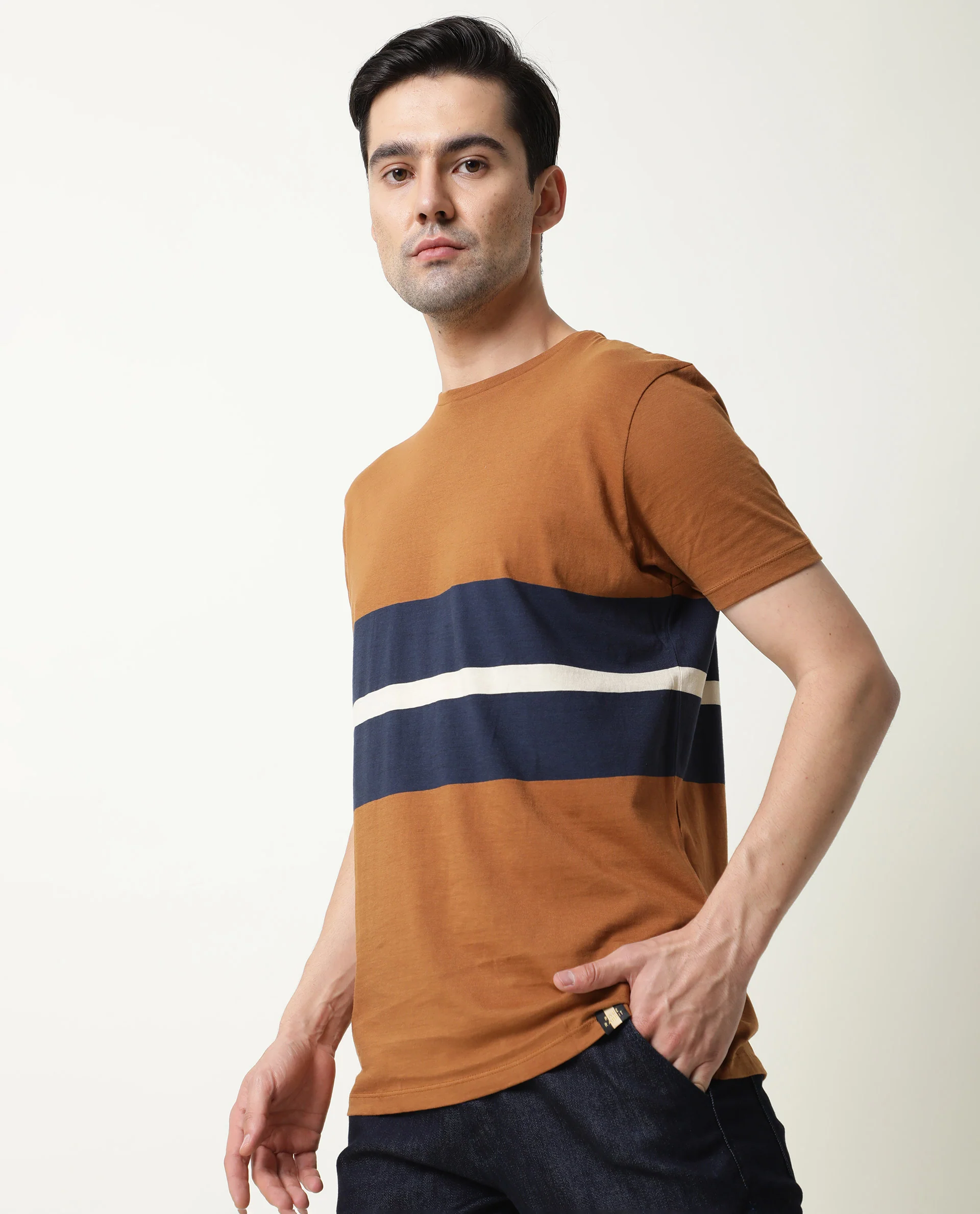 Rare Rabbit Men's Pire Brown Cotton Color Block Slim Fit Half Sleeve Crew Neck T-Shirt - Image 7