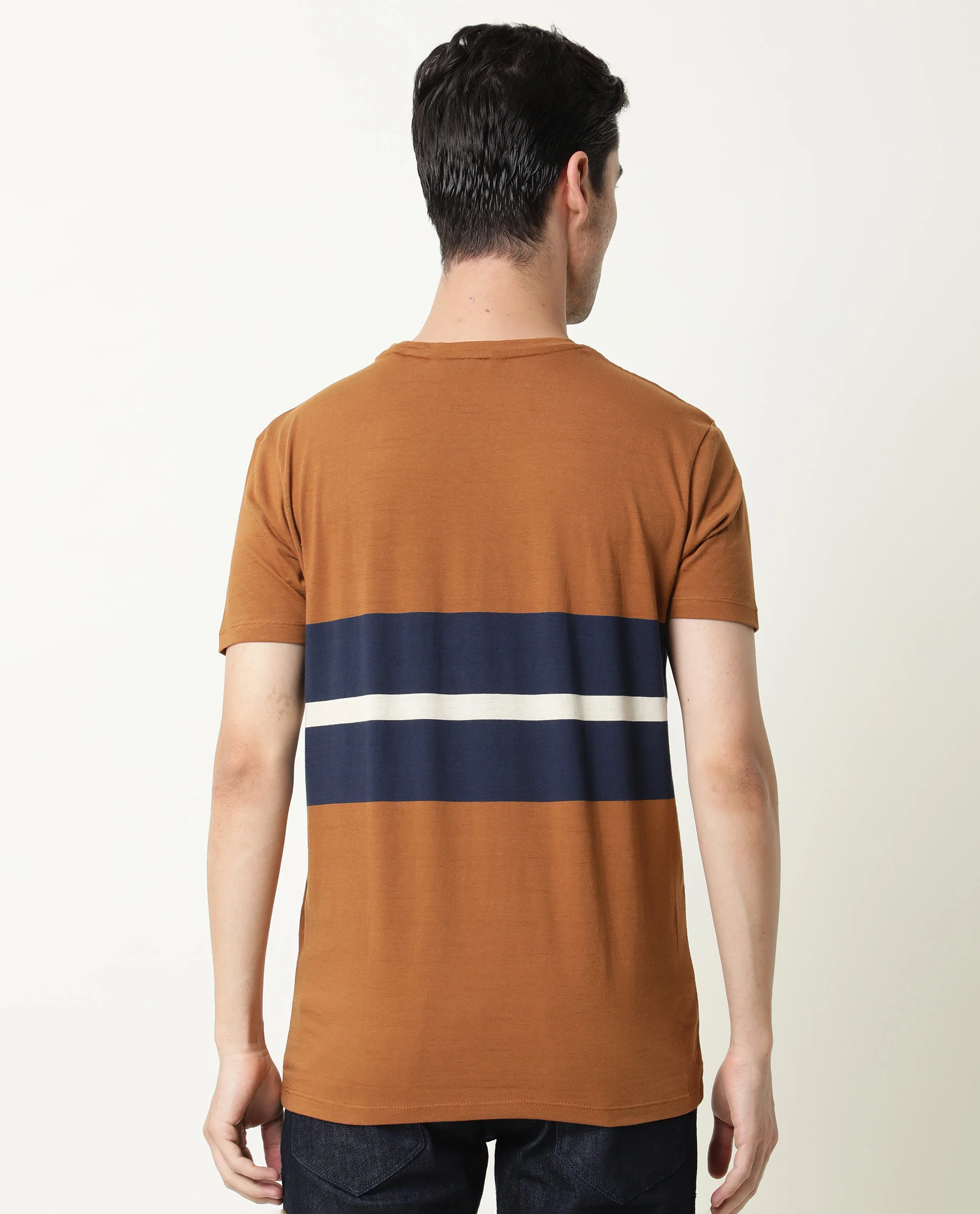 Rare Rabbit Men's Pire Brown Cotton Color Block Slim Fit Half Sleeve Crew Neck T-Shirt - Image 8