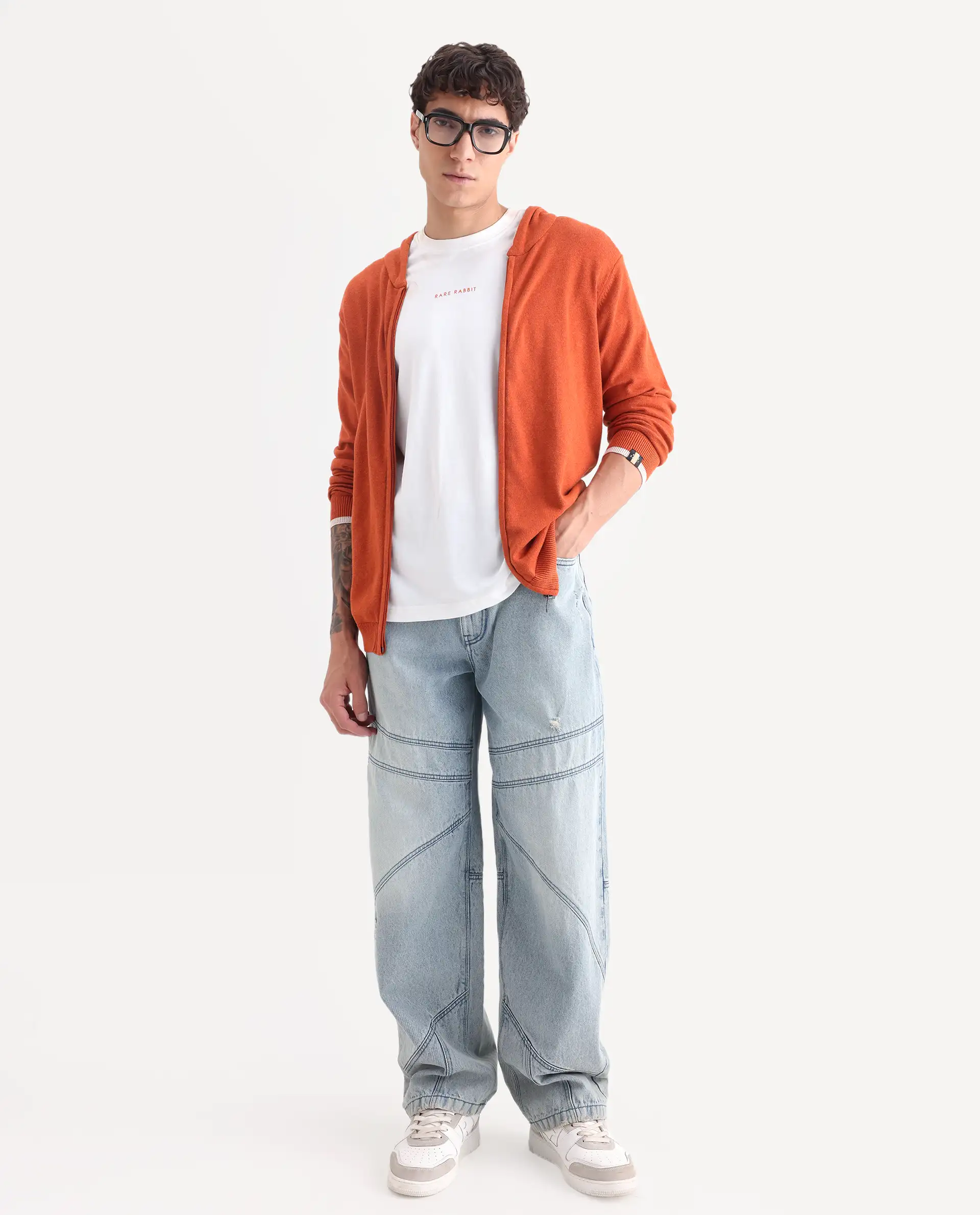 Rare Rabbit Men's Pisa Orange Cotton Plain Relaxed Fit Full Sleeve Hooded Sweater - Image 2