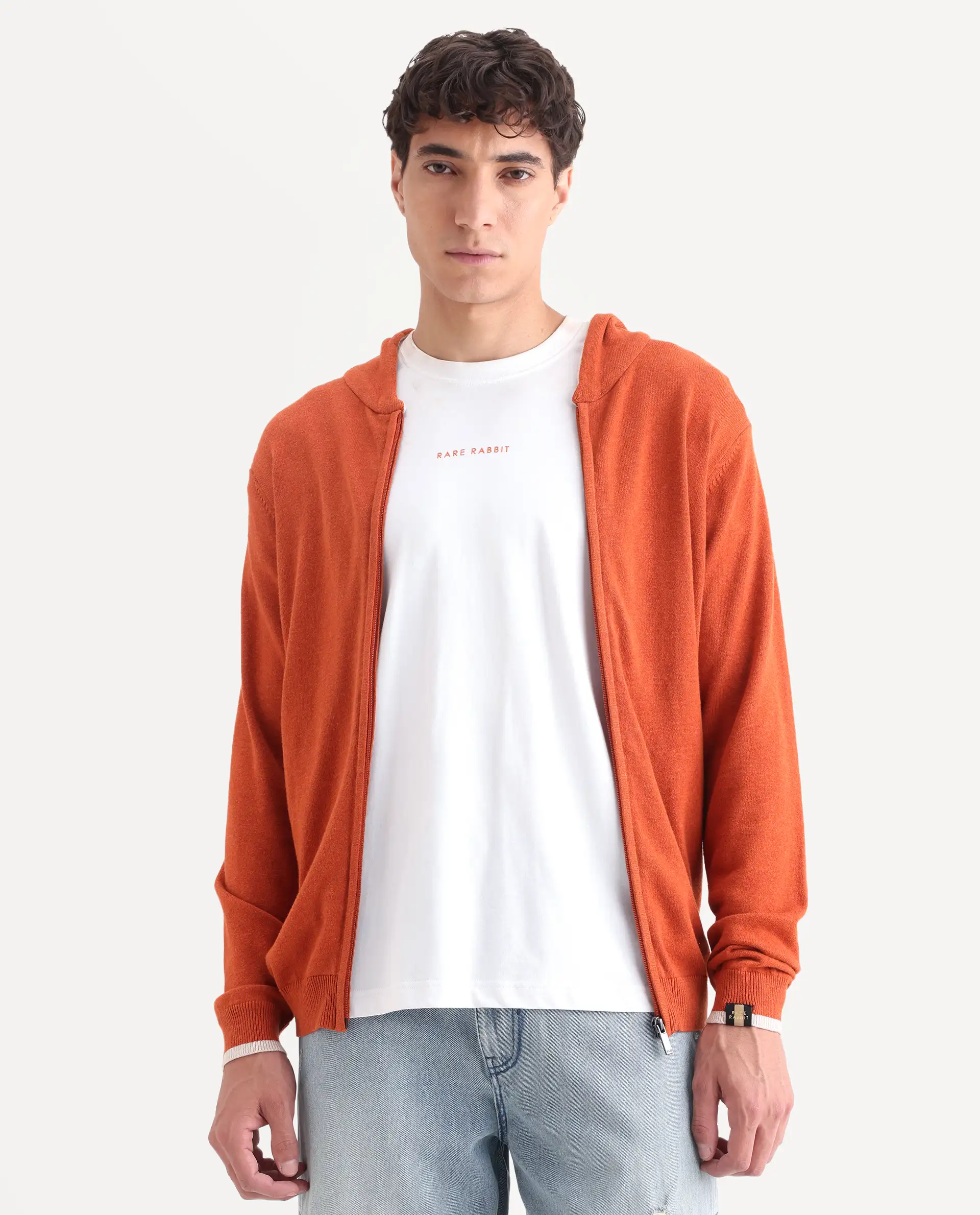 Rare Rabbit Men's Pisa Orange Cotton Plain Relaxed Fit Full Sleeve Hooded Sweater - Image 3