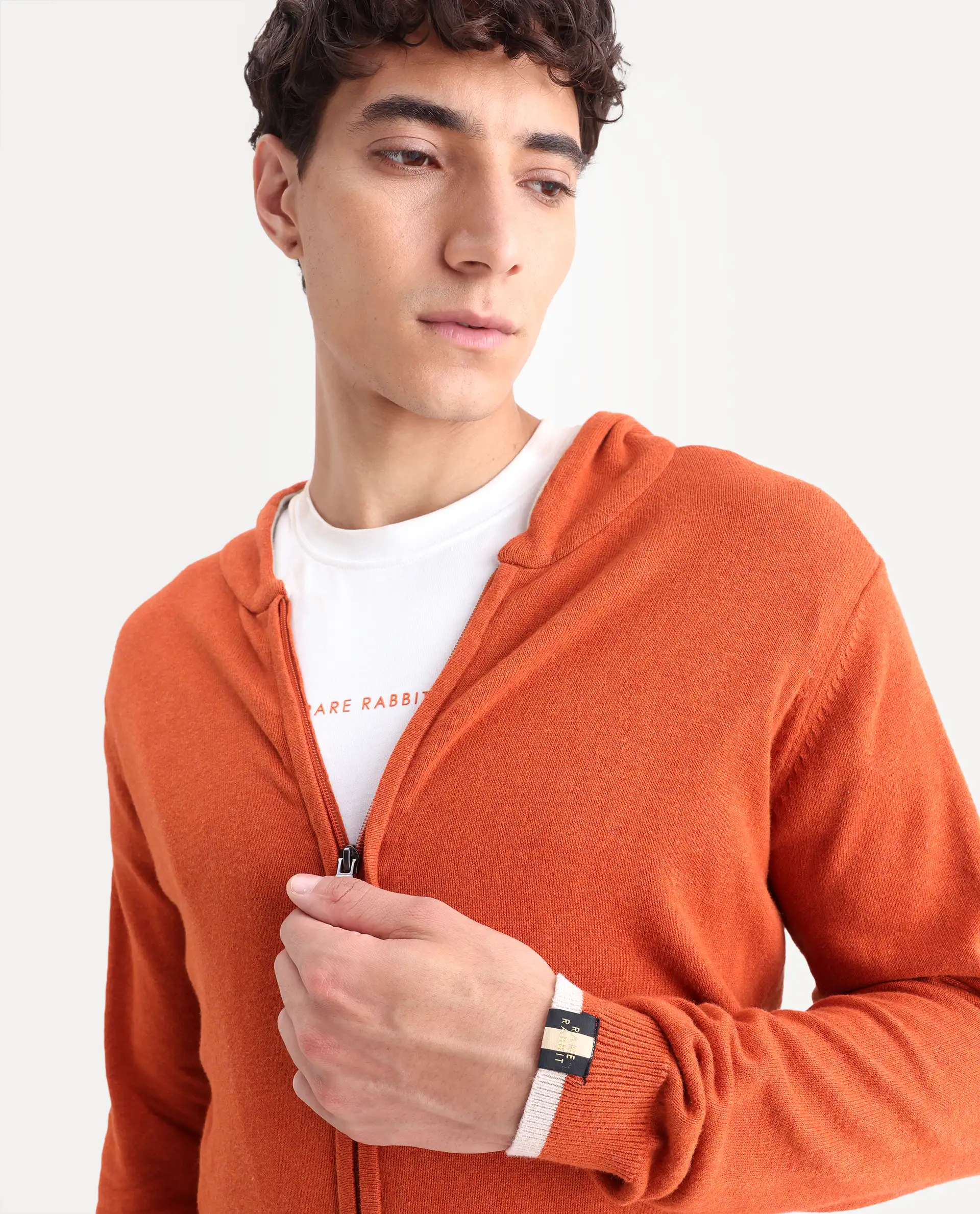 Rare Rabbit Men's Pisa Orange Cotton Plain Relaxed Fit Full Sleeve Hooded Sweater - Image 4