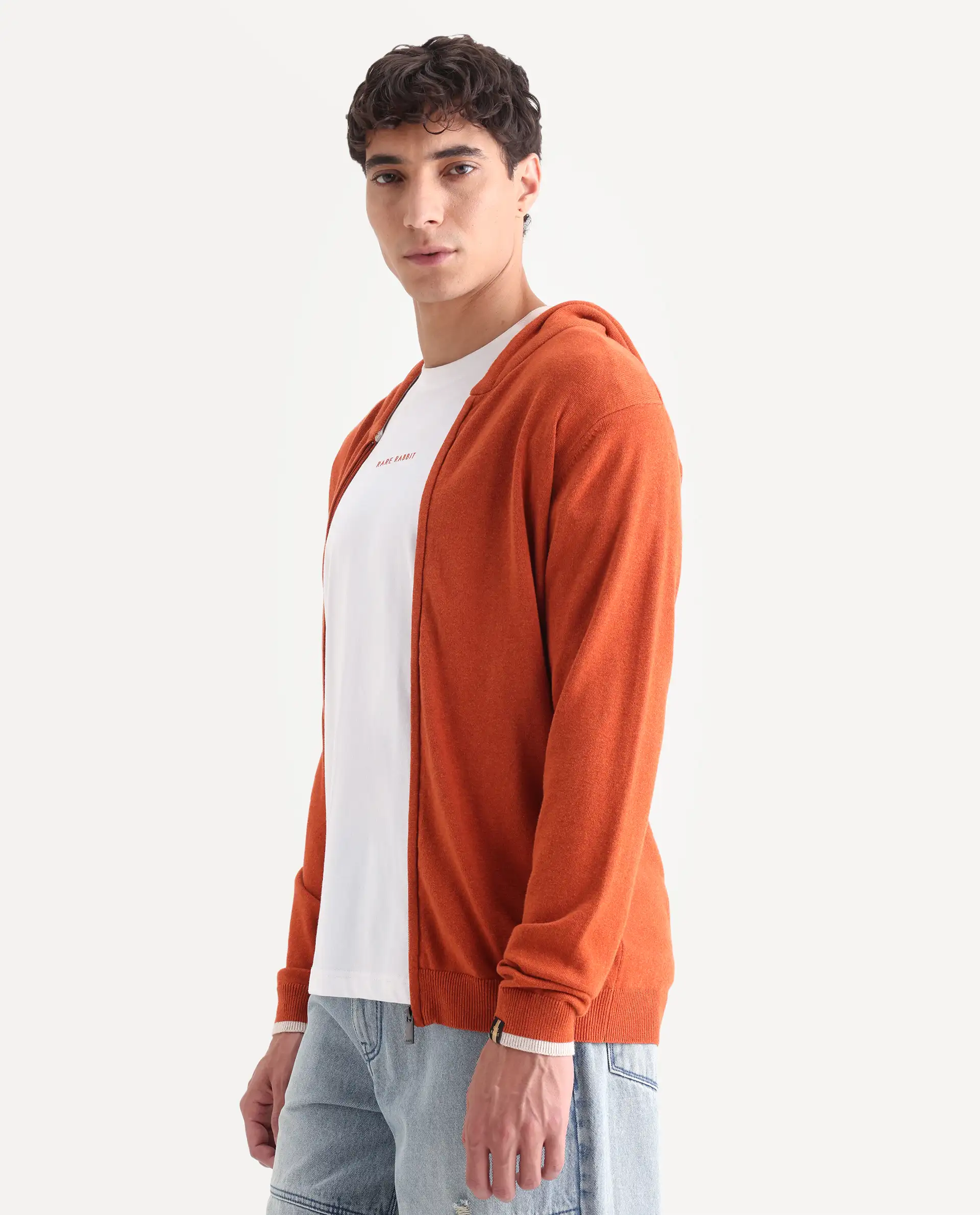 Rare Rabbit Men's Pisa Orange Cotton Plain Relaxed Fit Full Sleeve Hooded Sweater - Image 5