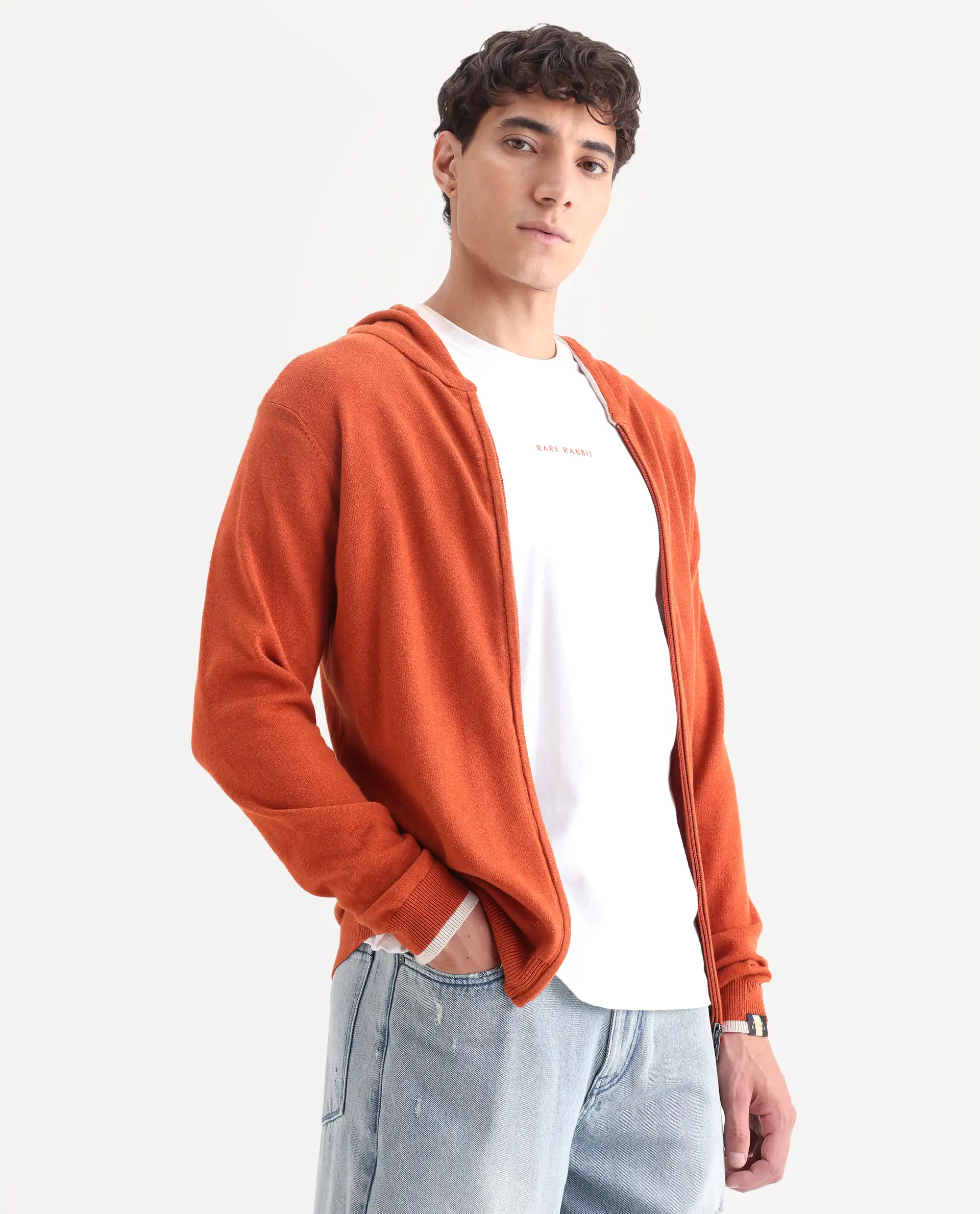 Rare Rabbit Men's Pisa Orange Cotton Plain Relaxed Fit Full Sleeve Hooded Sweater - Image 6